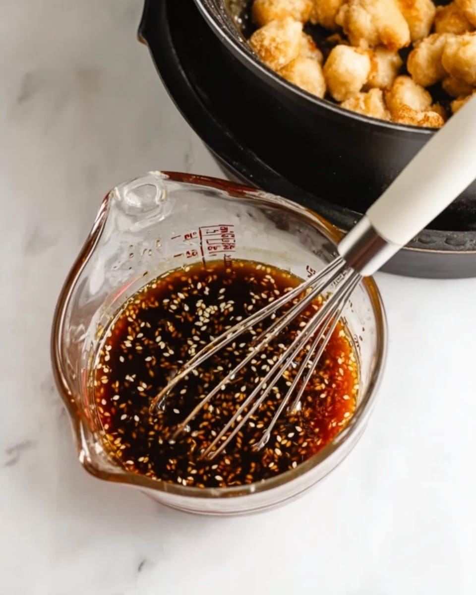 A clear glass measuring cup sits on a white marbled surface, filled with a dark brown sauce speckled with white sesame seeds and other small seasonings, stirred by a metal whisk with a white handle angled to the right. Above the cup, there is a black cooking pot filled with bite-sized, light golden brown pieces of cooked food, mostly out of focus. The scene is bright and simple, showing the sauce as thick and richly textured with sesame seeds floating on top. Photo taken with an iphone --ar 4:5 --v 7