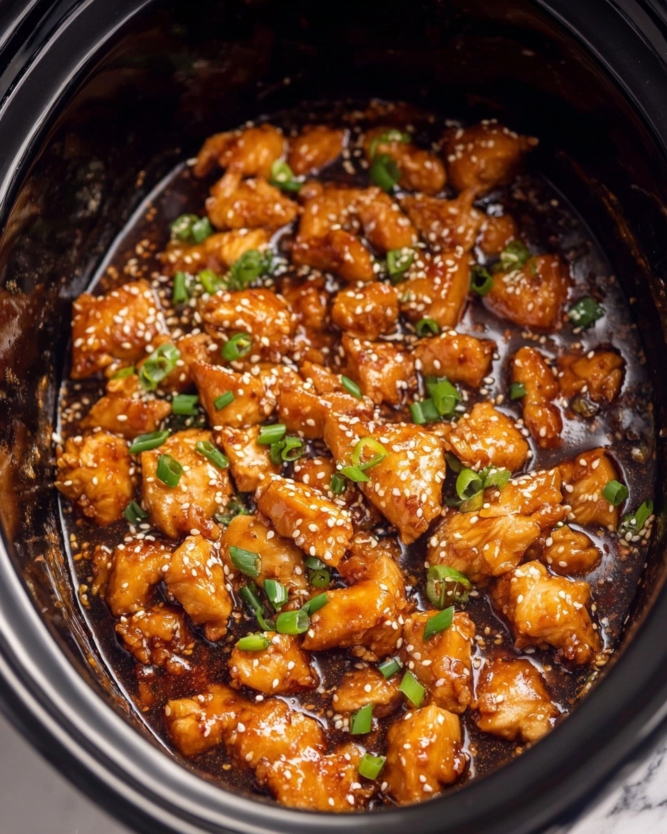 The image shows a close-up of a black slow cooker filled with shiny, golden-brown chicken pieces cooked in a thick, dark sauce. The chicken is cut into small chunks and looks tender with a slightly crispy texture on some edges. The dish is sprinkled with white sesame seeds and chopped green onions, adding green and white accents on top of the rich surface. The background features a white marbled texture. photo taken with an iphone --ar 4:5 --v 7