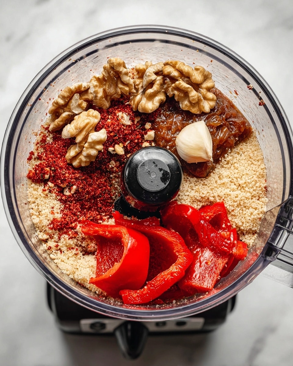 Inside a clear food processor bowl placed on a white marbled surface, there are several ingredients layered. At the bottom, there is a light tan textured base that looks like breadcrumbs or ground nuts. On the right side, there are bright red and smooth roasted red peppers. Near the top left, a cluster of large walnut halves is sprinkled with some crushed red seasoning and coarse salt grains. In the middle, there is a small white piece of garlic or similar ingredient, partially hidden by the central black plastic blade holder. Some darker brown sticky sauce or paste is spread near the walnuts and breadcrumb layer. The whole scene is well-lit with natural lighting that highlights the vibrant colors and textures inside the bowl. Photo taken with an iphone --ar 4:5 --v 7