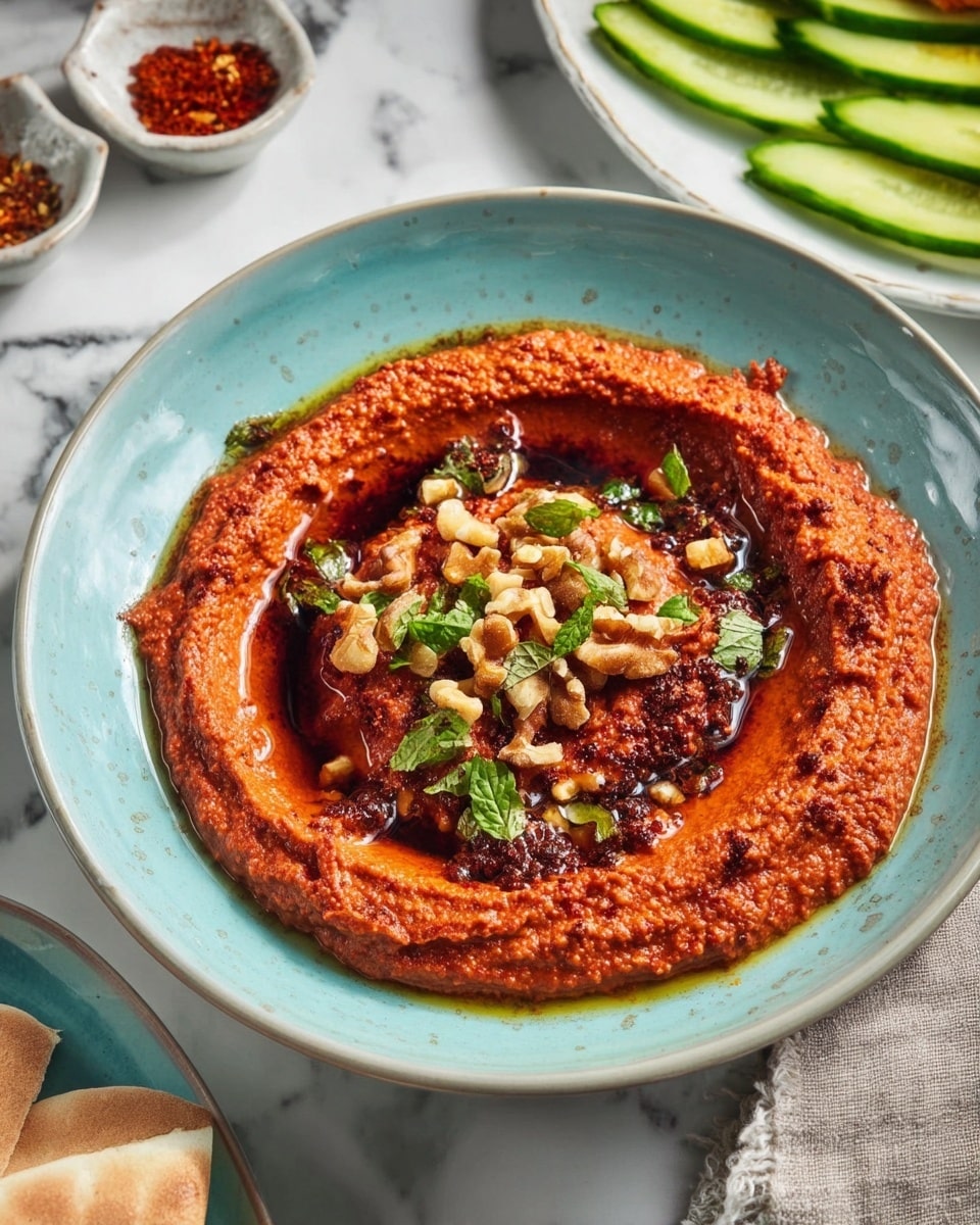 A pale blue bowl holds a single thick layer of red hummus with a rough texture, spread evenly across the bowl. At the center, there is a swirl filled with a dark glossy sauce, topped with small light brown walnut pieces and small green herb leaves. The hummus surface shows drops of oil that add shine. In the background on a white marbled surface, there are green cucumber slices and folded bread pieces on a white plate. Nearby, there are small white dishes with red spices. Photo taken with an iphone --ar 4:5 --v 7