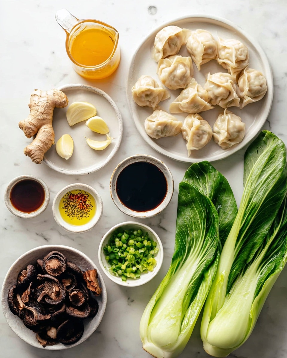 The image shows a top view of many cooking ingredients on a white marbled surface. There is one white plate filled with light beige dumplings arranged in a pile at the bottom right. To its right are two fresh bok choy leaves with visible water droplets. Above the dumplings is a small white bowl filled with bright green chopped spring onions. A round white plate on the left holds a piece of fresh ginger root in the center, three peeled garlic cloves above it, and two small white bowls filled with dark soy sauce and golden-colored oil with black pepper sprinkled on top. Above this plate is a small white bowl with dark brown sauce. Below, at the bottom left, is a white bowl full of dark brown dried shiitake mushrooms. To the left of the dumplings, partially visible, is a white ceramic measuring cup filled with golden orange liquid. photo taken with an iphone --ar 4:5 --v 7