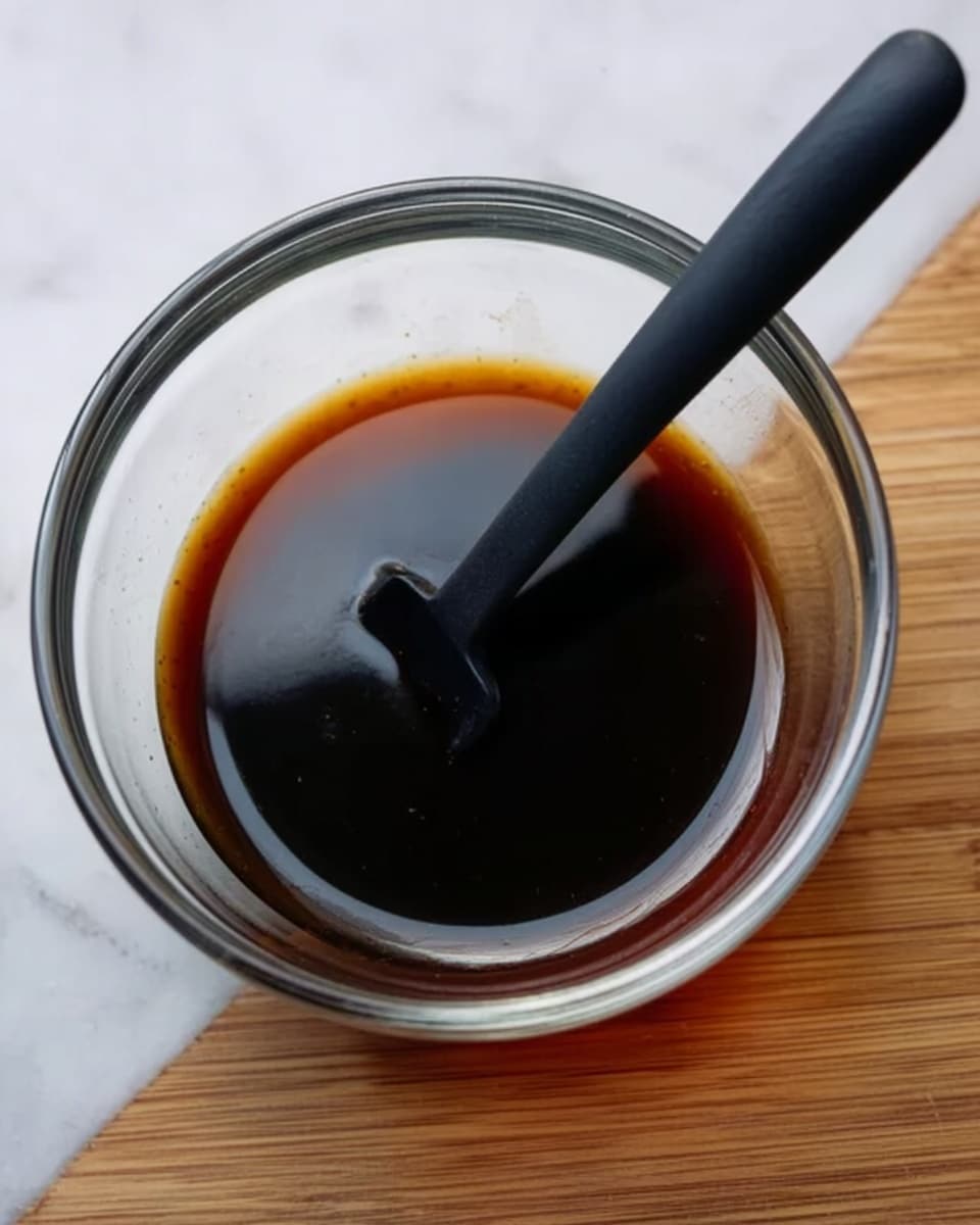 A clear glass bowl sits on a white marbled surface, filled with a small amount of dark brown sauce that has a smooth texture and shiny surface. A black spatula is placed inside the bowl, resting diagonally with its handle leaning out. The liquid appears glossy and thick but not too dense, with subtle reflections on the surface. The scene is simple and clean, focusing on the bowl and sauce. photo taken with an iphone --ar 4:5 --v 7