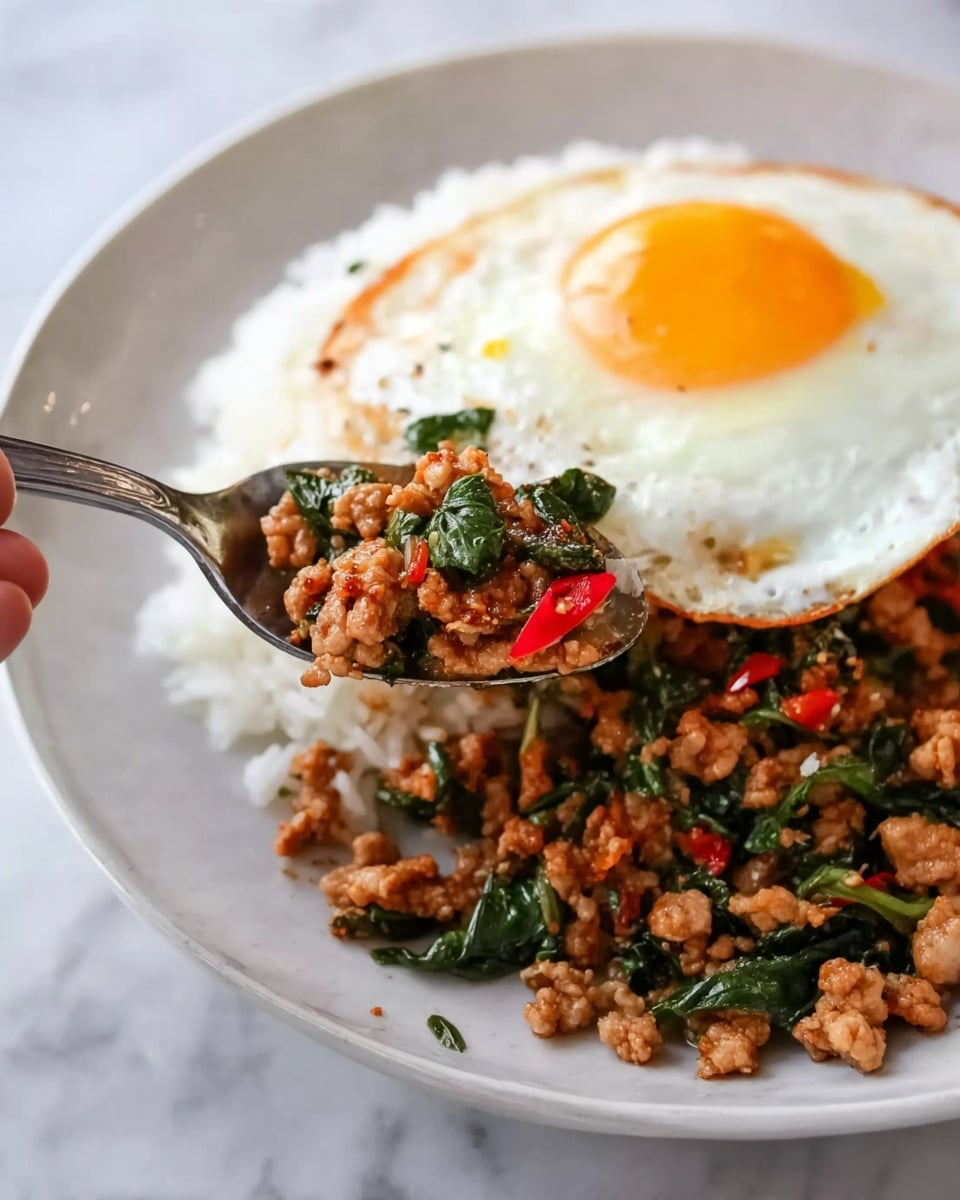 A close-up of a white plate with a dish consisting of three layers: the bottom layer is white rice with a soft texture, the middle layer has cooked ground meat mixed with green leafy vegetables and small pieces of red chili, showing a slightly moist and crumbly texture, and the top layer features a fried egg with a bright yellow yolk centered and surrounded by firm white edges. A spoon holding a portion of the middle layer is lifted above the plate, with a woman's hand visible holding the spoon. The plate sits on a white marbled surface. photo taken with an iphone --ar 4:5 --v 7