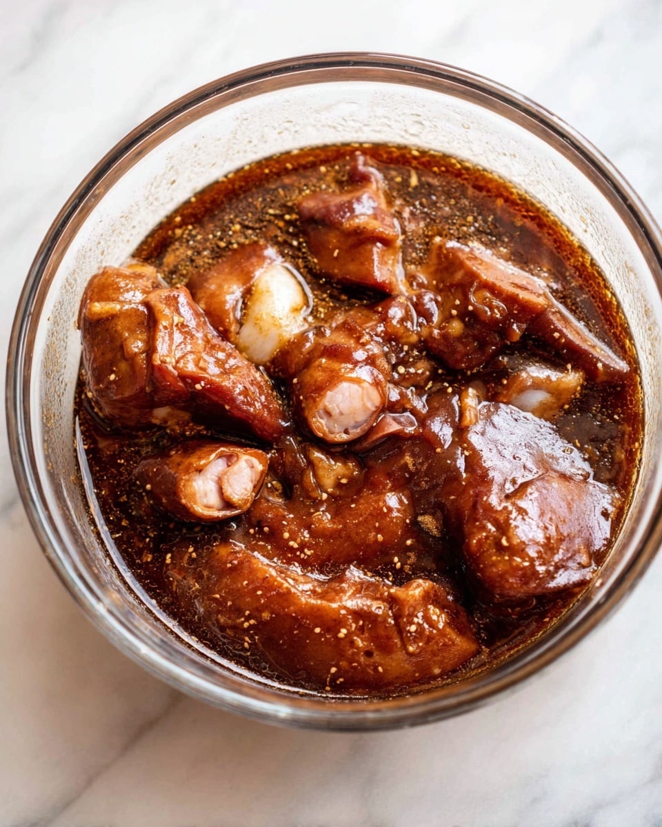 A clear round bowl filled with several pieces of raw meat soaked in a dark brown, thick sauce that covers most of the meat. The meat pieces vary in size and shape, and the sauce has a smooth, shiny texture with some small bubbles. The bowl sits on a white marbled surface. photo taken with an iphone --ar 4:5 --v 7