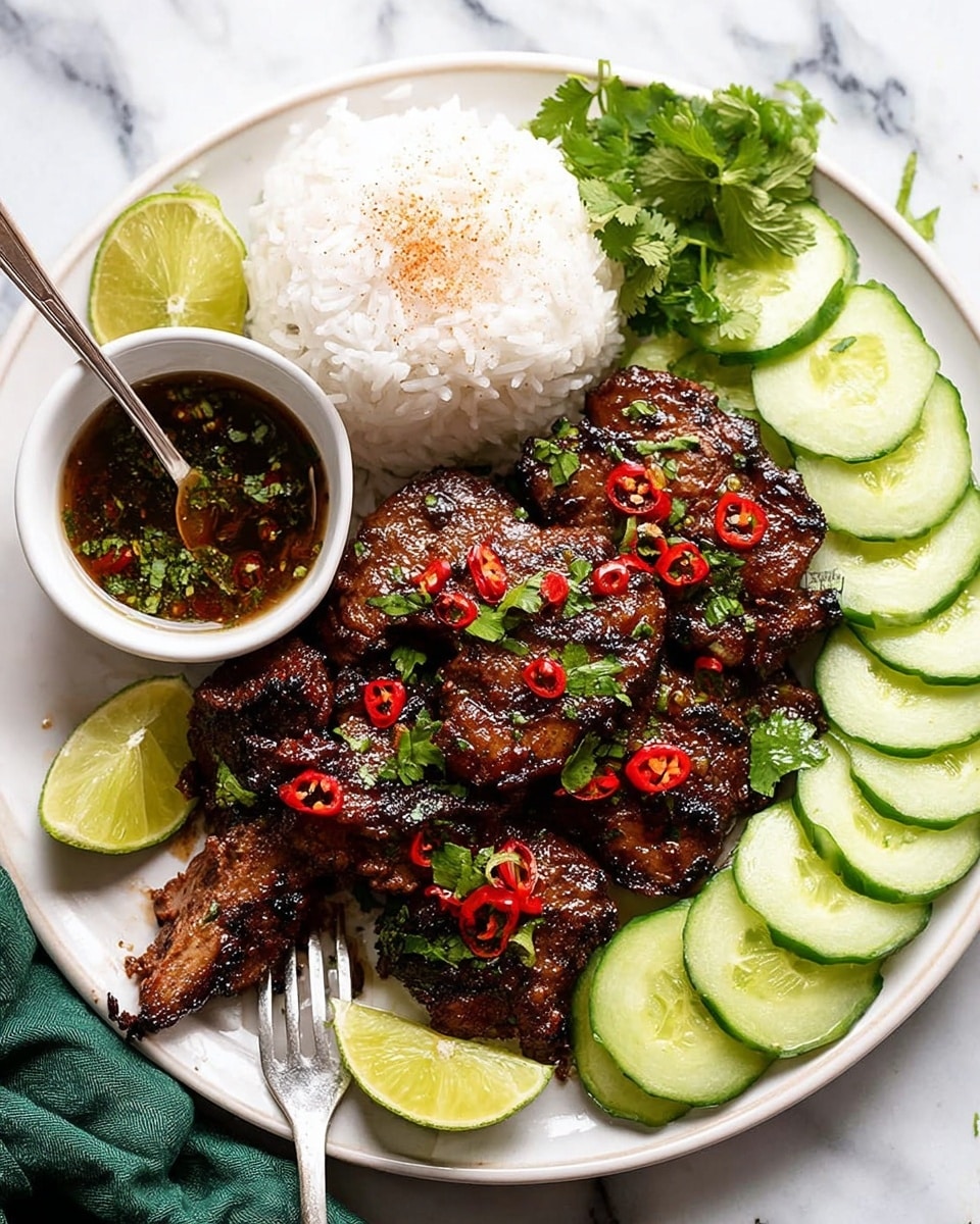 The dish shows a white plate filled with five pieces of grilled dark brown glazed meat, sprinkled with chopped red chili and green cilantro leaves. To the top right of the plate, there are six overlapping slices of fresh green cucumber. A mound of white rice sits behind the meat in the top center, lightly dusted with a small amount of light brown powder. Lime wedges are placed around the meat, adding bright green color. On the left side of the plate, a small white bowl contains a dark dipping sauce with herbs, and a fork with a piece of meat is resting in the sauce. The whole plate is set on a white marbled surface with a green cloth visible in the lower left corner. Photo taken with an iphone --ar 4:5 --v 7