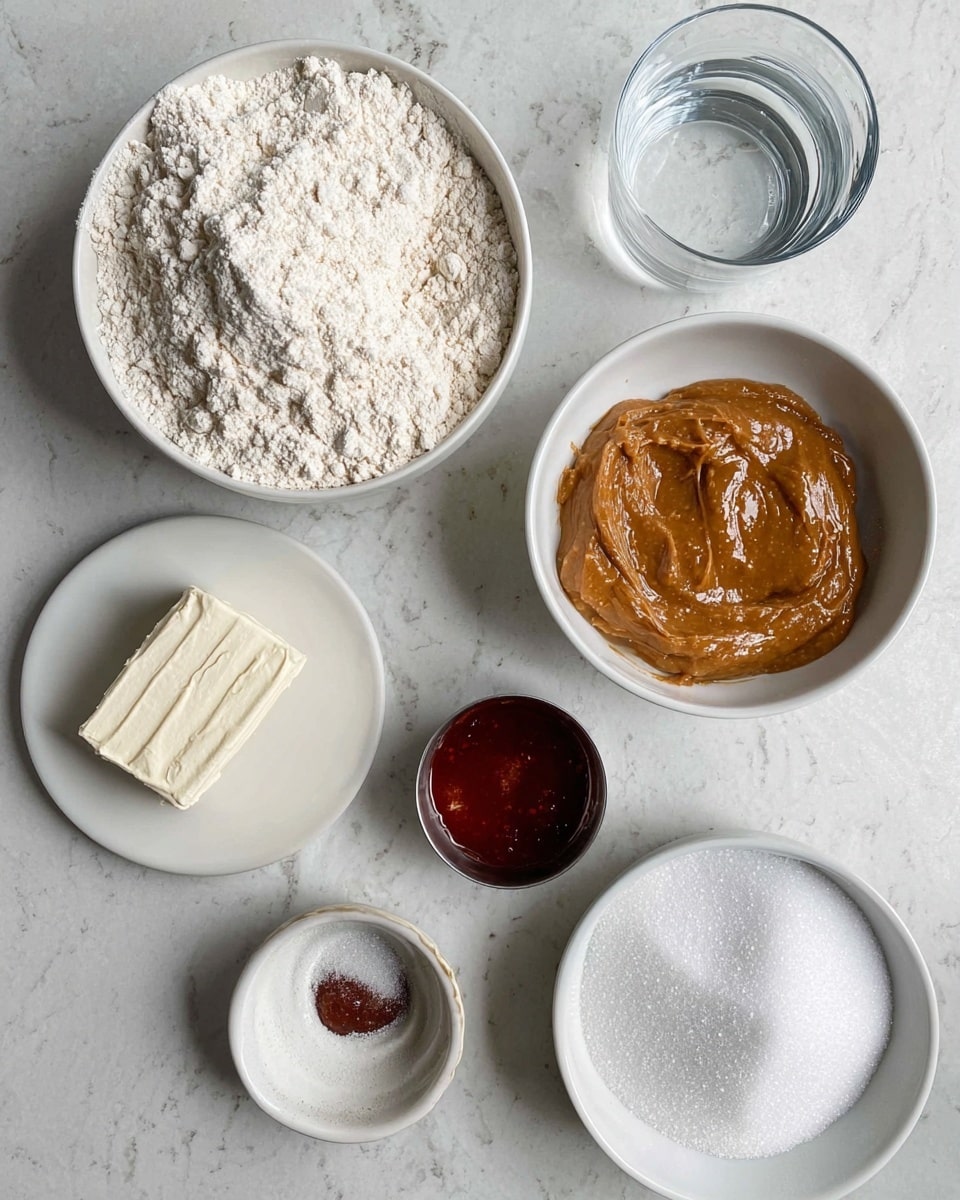 The image shows six bowls and containers of ingredients placed on a white marbled surface. Starting from the top left, there is a large white bowl filled with white flour that has a powdery texture. To the right of it is another white bowl holding a thick, light brown paste with a slightly shiny surface. Below these, on the left, is a small white plate with a block of white, soft butter that looks dense and smooth. Next to it is a metal cup containing a dark red, slightly chunky sauce. To the right, there is a small glass jar with a small amount of dark liquid. Finally, at the bottom right corner, there is another white bowl filled with white granulated sugar with a slightly sparkling texture. A clear glass of water is positioned near the middle right. The overall setup has a clean and organized look. photo taken with an iphone --ar 4:5 --v 7