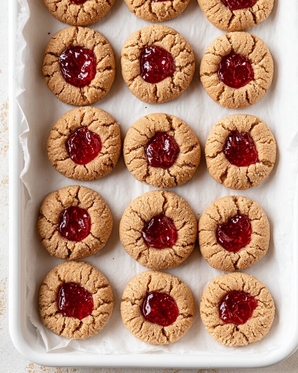 A white rectangular tray holds three rows of small round cookies with a rough, cracked light brown texture. Each cookie has a bright red jam filling in the center, which is shiny and slightly uneven with a jelly-like texture. The cookies are arranged neatly on white parchment paper that covers the tray. The photo background is a white marbled surface, and the image is brightly lit, showing the details of the cookie cracks and jam gleam clearly. photo taken with an iphone --ar 4:5 --v 7