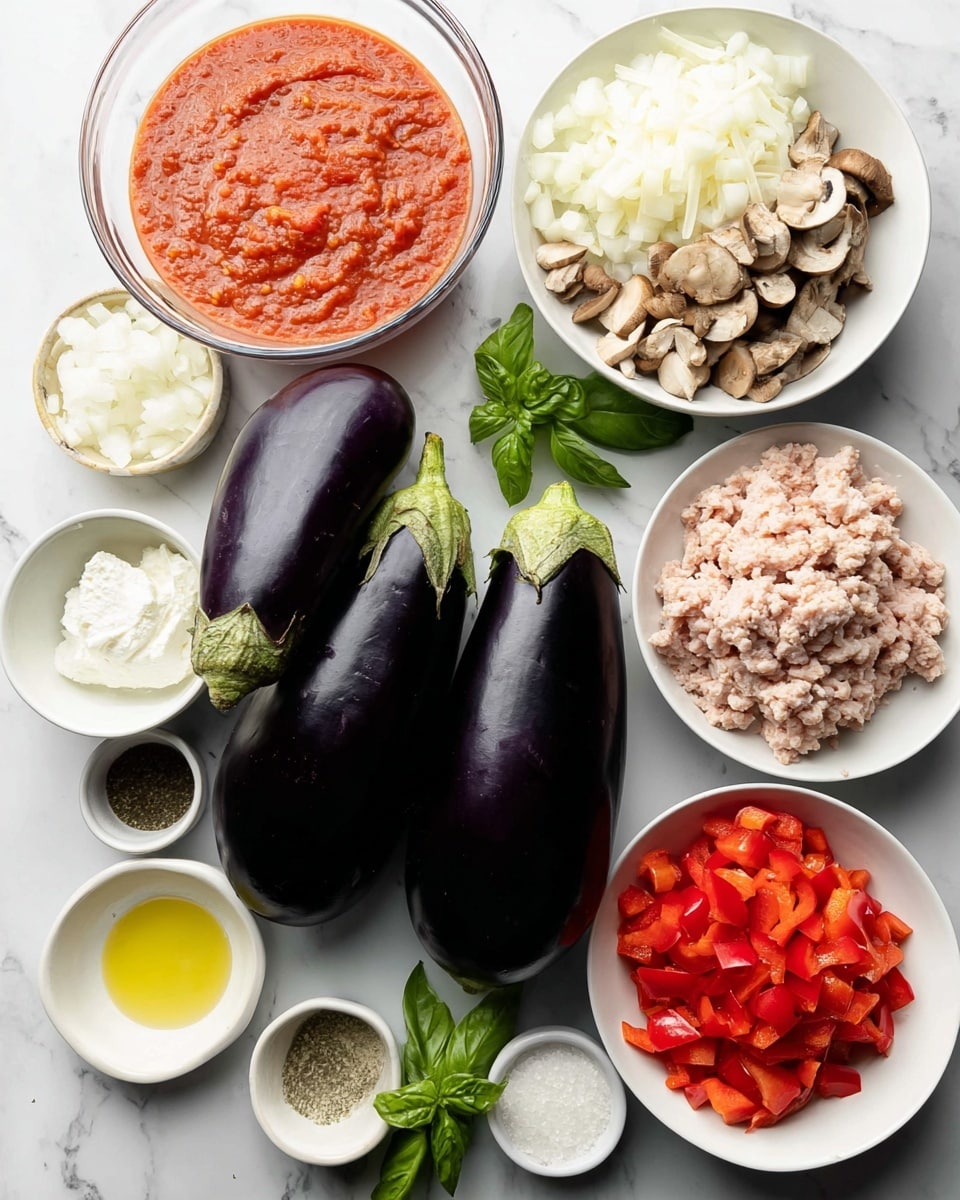 The image shows two whole dark purple eggplants with green tops placed on a white marbled surface at the center, surrounded by several white bowls filled with different ingredients: bright red chopped bell peppers, finely chopped white onions, light beige chopped mushrooms, light pink ground turkey, and grated white cheese. There is also a glass bowl with red tomato sauce, a white bowl of white ricotta cheese, a small white bowl with light yellow olive oil, another small white bowl with chopped garlic, a small dish with salt and black pepper, and fresh green basil leaves scattered around. The colors are vibrant with strong contrast between the deep eggplants and the bright ingredients. The photo taken with an iphone --ar 4:5 --v 7