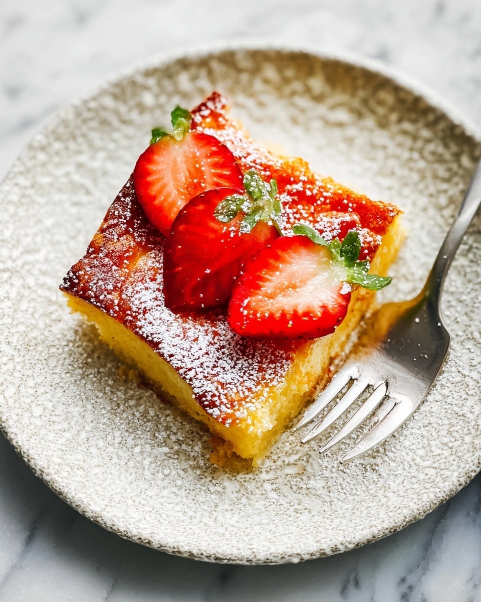 A single square piece of golden-brown baked dessert lies on a white plate with a textured pattern. The dessert has a slightly crispy edge and a soft, moist center. Two bright red strawberry halves, with seeds and green leaves, sit on top of the slice. The dessert and strawberries are dusted with a light layer of white powdered sugar. A silver fork rests on the plate, to the right side of the dessert, on a white marbled surface. Photo taken with an iphone --ar 4:5 --v 7