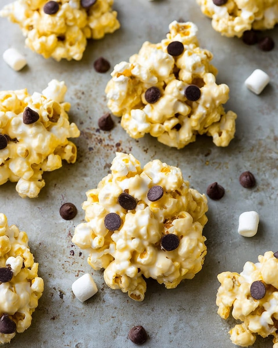 The image shows clusters of popcorn mixed in a light yellow, creamy coating that holds the pieces together, forming small, irregular mounds with a soft texture. On top of each cluster and scattered lightly around, there are small, dark brown chocolate chips contrasting the light popcorn. The clusters rest directly on a gray baking sheet with a rough texture, and a few white mini marshmallows are scattered around as well. The scene is bright and clear, focusing on the popcorn clusters in the front with a slightly blurred background for depth effect. Photo taken with an iphone --ar 4:5 --v 7