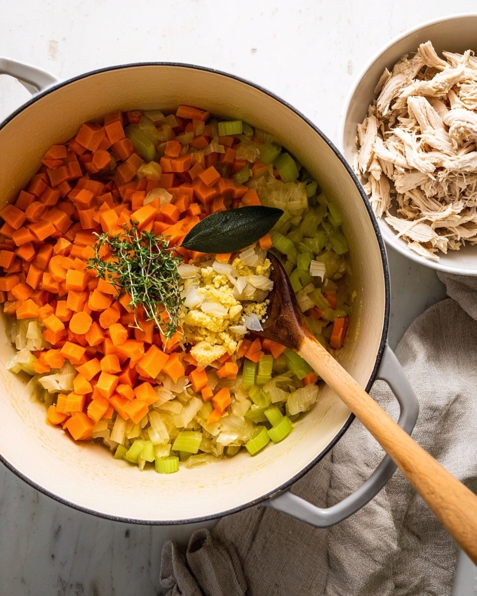 Inside a large white pot, there are three main layers of cooked vegetables mixed together: bright orange carrot cubes, light green celery slices, and small translucent onion pieces. On top, there is a small pile of minced garlic, a single whole bay leaf, and a few green sprigs of fresh herbs. A wooden spoon with a long handle rests inside the pot, partially soaking in the vegetables. Next to the pot on a white marbled surface is a white bowl filled with shredded light beige cooked chicken. A light grey cloth is partially visible in the corner. photo taken with an iphone --ar 4:5 --v 7