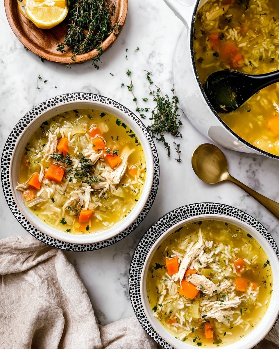 Two white bowls filled with chicken soup are shown on a white marbled surface. The soup has multiple layers: a top layer of shredded light brown chicken pieces, small orange carrot cubes, and pale yellow celery chunks, all sitting in a clear yellow broth with specks of green herbs sprinkled on top. The soup includes visible white rice grains that float throughout. Each bowl rests on a patterned black and white saucer. Nearby is a white pot with leftover soup and a black ladle inside. A gold spoon lies partially under one bowl, while a beige cloth napkin and a small wooden plate with lemon wedges and chopped greens are also visible. Fresh green thyme sprigs are scattered around. photo taken with an iphone --ar 4:5 --v 7