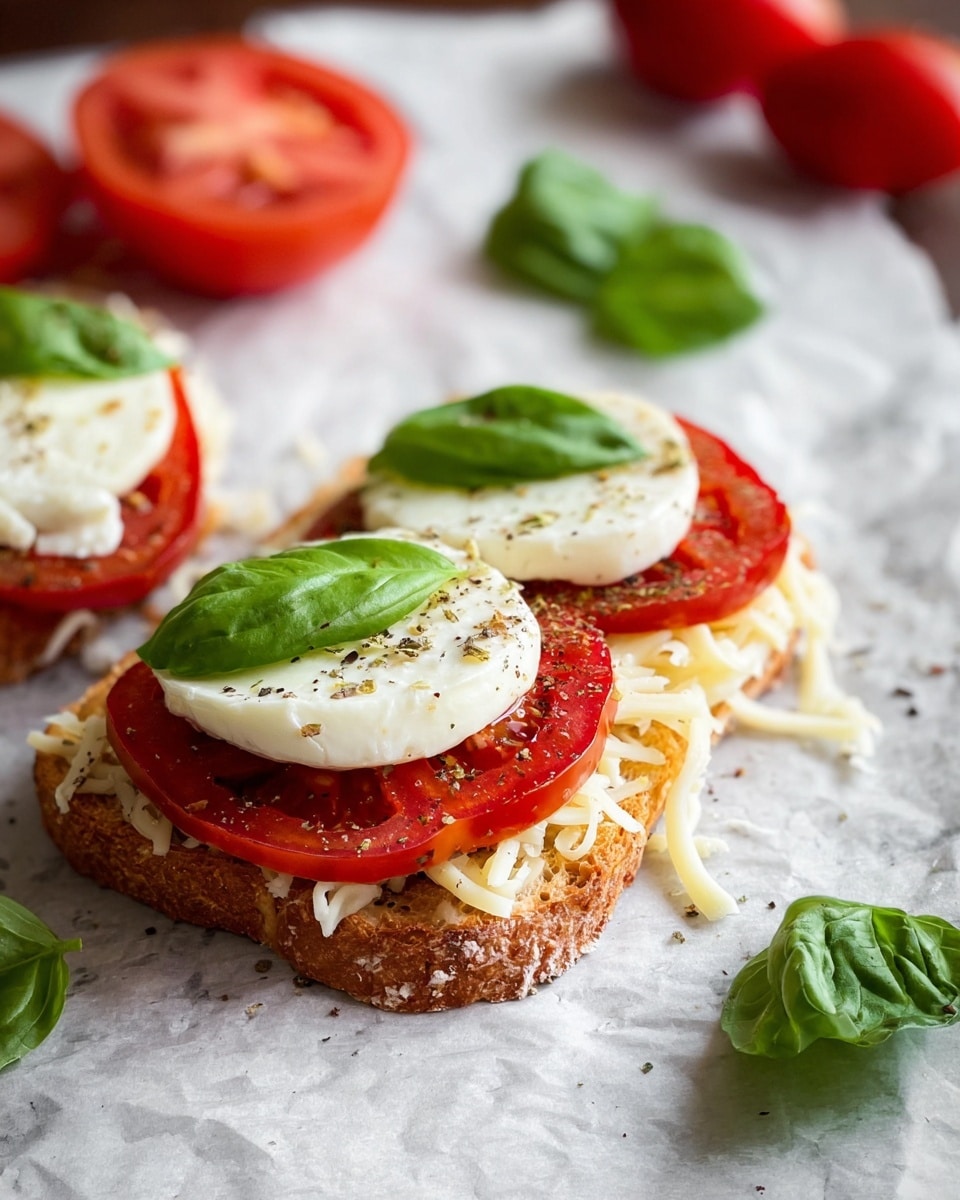 The image shows a slice of toasted bread topped with a layer of shredded white cheese, followed by two thick slices of bright red tomato. On top of each tomato slice is a round piece of white mozzarella cheese, sprinkled lightly with black pepper and a few flakes of salt. Two fresh green basil leaves sit on each mozzarella slice. Around the toast, there are loose basil leaves and some extra tomato slices in the background. Everything is placed on white marbled textured paper. photo taken with an iphone --ar 4:5 --v 7