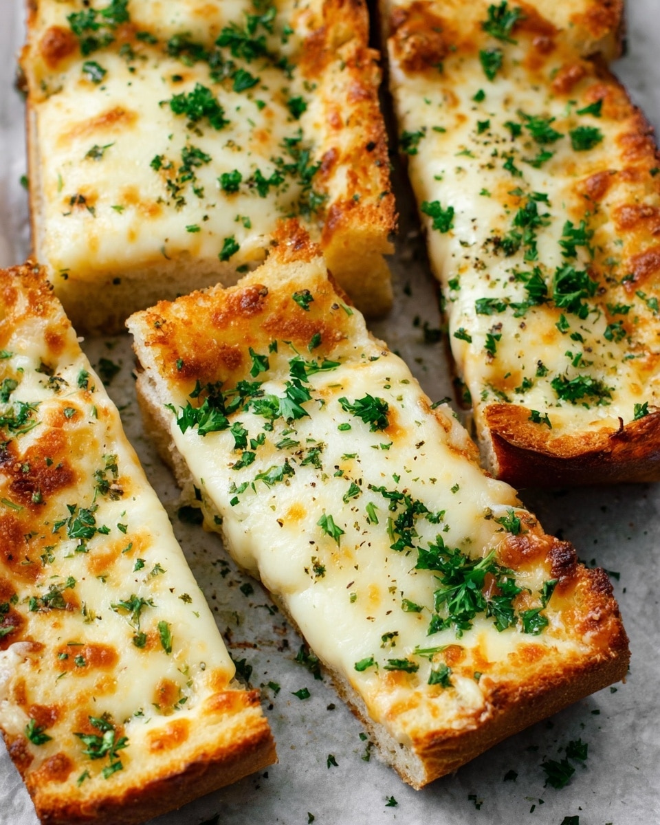 The image shows several pieces of thick bread slices topped with a layer of melted cheese, browned lightly in some spots, and sprinkled with fresh green parsley. The bread is golden-brown and slightly crispy on the edges, while the cheese layer looks creamy and smooth with some herbs and black pepper specks on top. The pieces are arranged close together on a white marbled textured surface, making the colors of the cheese and parsley stand out vividly. photo taken with an iphone --ar 4:5 --v 7