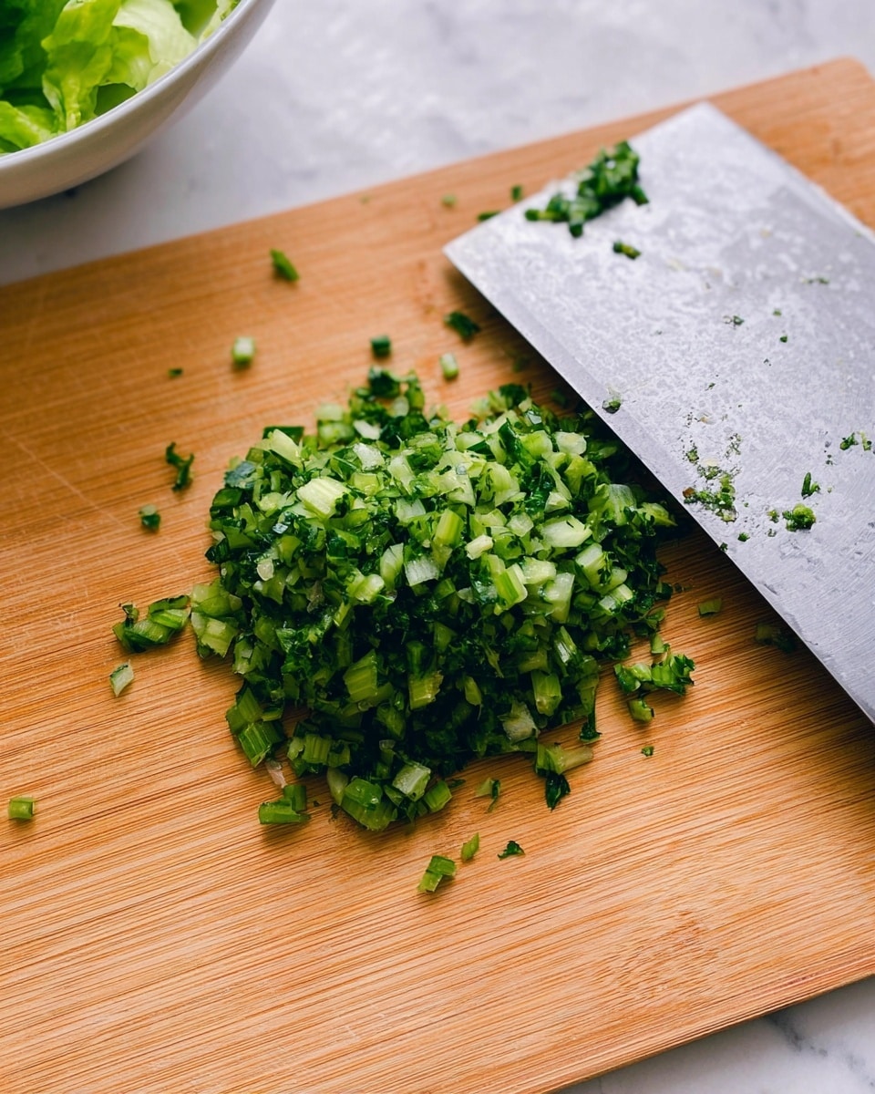 The image shows a small pile of finely chopped green vegetables, which appear to be a mix of herbs and celery, placed on a light wooden chopping board. The texture of the chopped pieces is slightly wet, suggesting freshness. Next to the pile is a large silver cleaver with some small bits of green stuck to its blade. In the upper left corner, there is a glimpse of a white bowl containing some leafy greens. The surface beneath everything has a white marbled texture. photo taken with an iphone --ar 4:5 --v 7