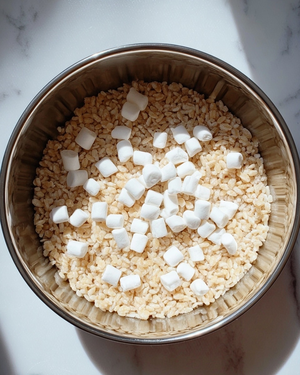 A shiny silver metal bowl contains a single layer of light beige puffed rice spread evenly at the bottom. Scattered on top are small white mini marshmallows, irregularly placed and contrasting with the beige puffed rice. The bowl sits on a white marbled surface, with soft light reflecting on the metal. Photo taken with an iphone --ar 4:5 --v 7