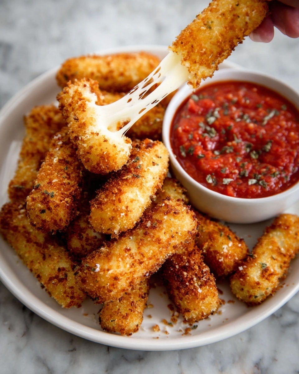 A white plate with crispy golden brown fried sticks stacked on it, one stick is pulled apart by a woman's hand showing a string of melted white cheese stretching out. To the right side of the plate, there is a white small bowl filled with chunky bright red marinara sauce with visible bits of herbs. The background surface has a white marbled texture. photo taken with an iphone --ar 4:5 --v 7