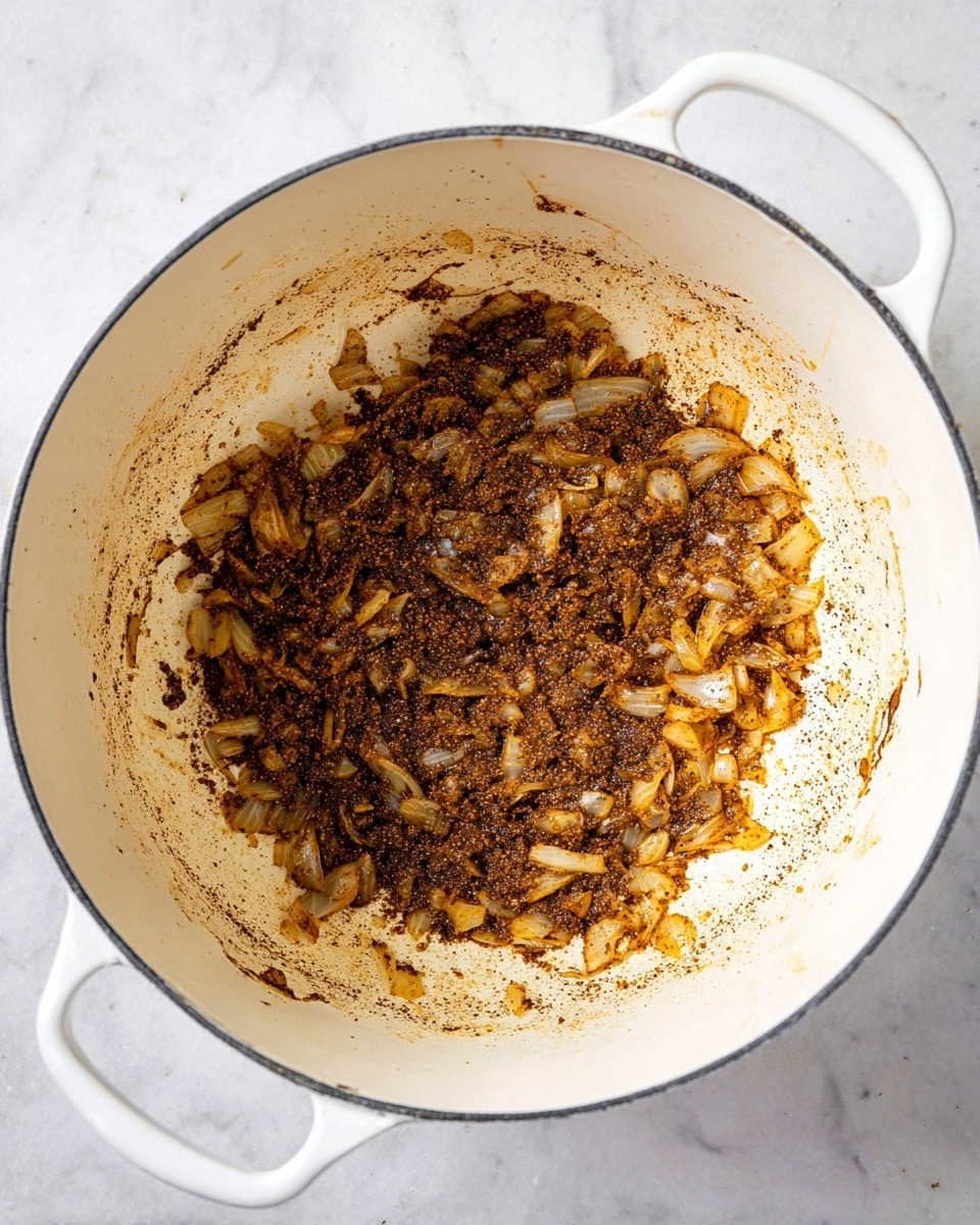 Inside a white pot, there is one layer of cooked onions mixed with dark brown spices. The onions are soft and slightly translucent, scattered evenly across the bottom of the pot. The spices create a rich, dark coating mixed with oily bits, giving a textured appearance to the layer. The pot has two white handles and rests on a white marbled surface. The cooking remnants stick lightly around the edges of the pot. photo taken with an iphone --ar 4:5 --v 7