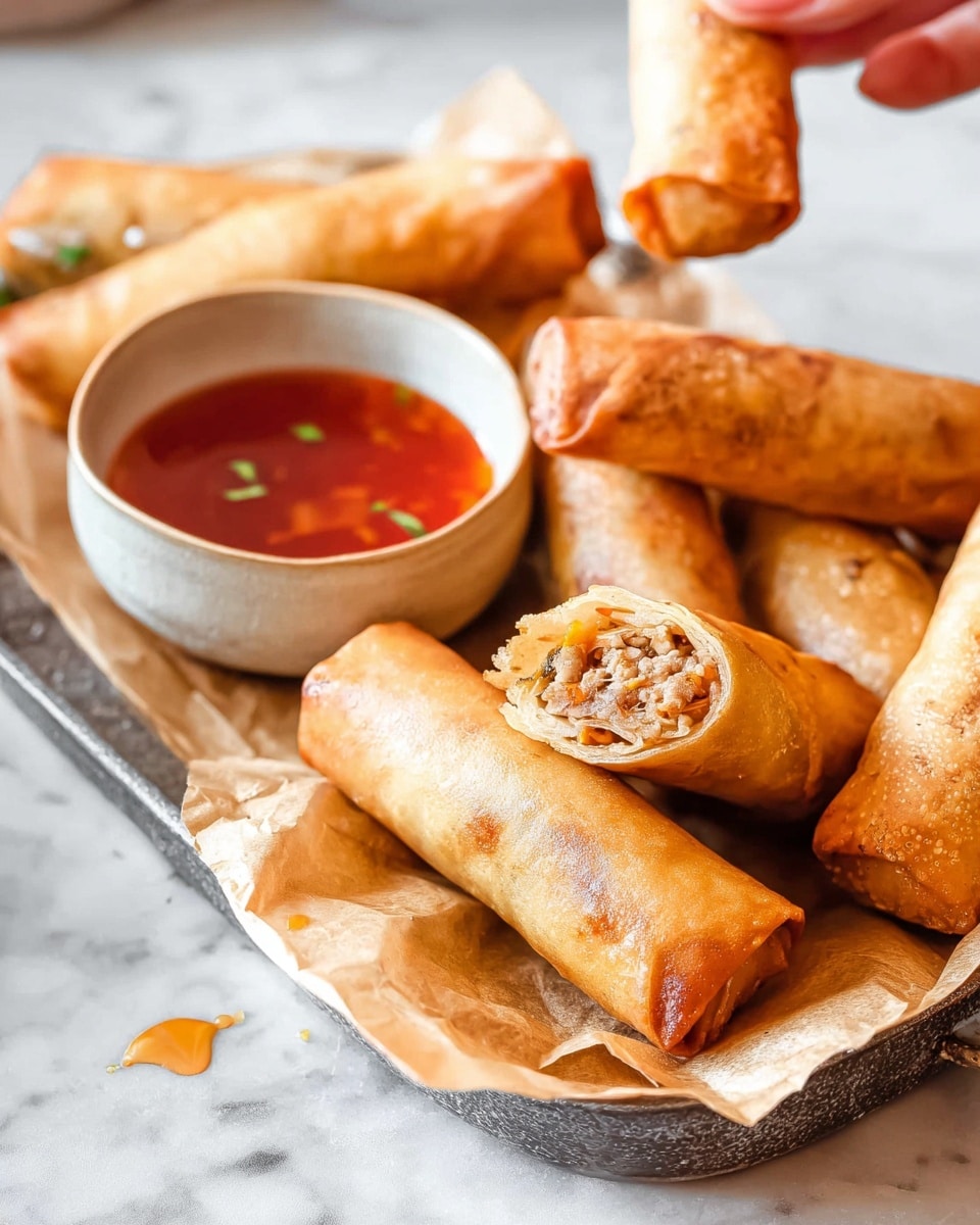 A tray holds several golden-brown spring rolls with crispy, crinkled skins. One spring roll is dipped halfway into a small round bowl filled with reddish, shiny sweet and sour sauce. Another spring roll is broken open to show a textured filling of light brown meat mixed with green and orange bits. The tray is lined with beige paper and has a few drops of sauce on its edge. In the background, a woman's hand is about to pick up one spring roll. The setting is a white marbled surface. photo taken with an iphone --ar 4:5 --v 7