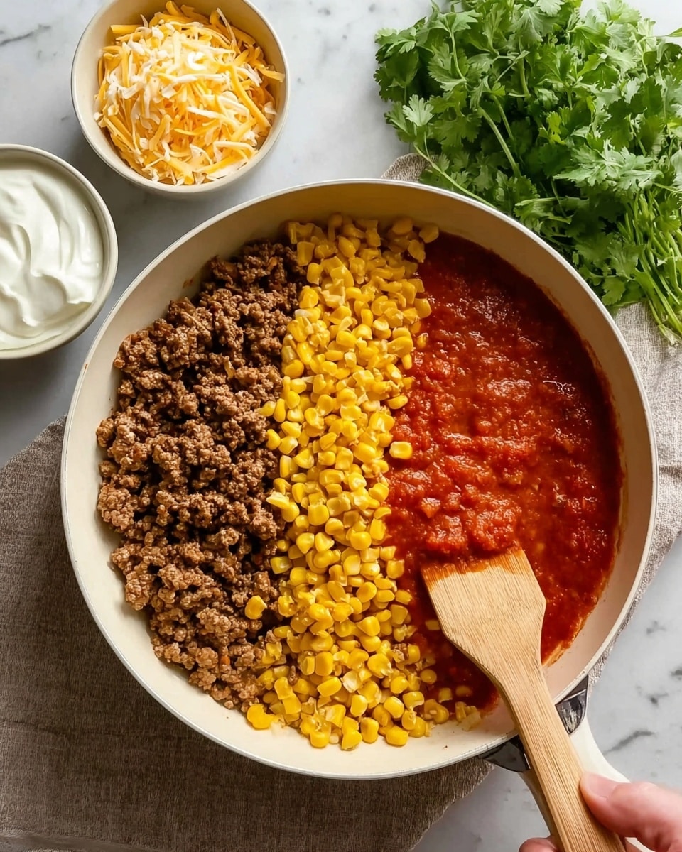 The image shows a white pan with three main layers of food arranged side by side inside it: cooked brown ground beef on the left, bright yellow corn on the right, and a red tomato sauce with a chunky texture in the bottom center. A wooden spatula is placed inside the pan, resting on the sauce, with a woman's hand holding the handle. Around the pan, there is a white bowl with shredded cheese on the top left, a white bowl with sour cream next to it, and some fresh green cilantro at the top right. The pan and bowls are sitting on a white marbled surface. Photo taken with an iphone --ar 4:5 --v 7