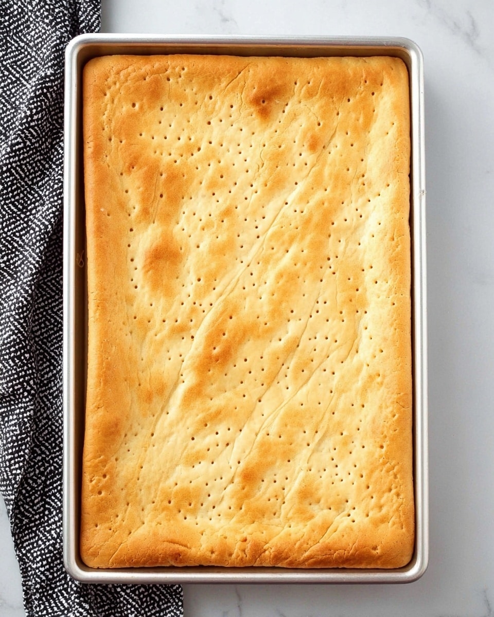 The image shows a single large, rectangular baked crust in a metal baking tray. The crust is a light golden brown with small holes scattered evenly across its surface for ventilation. The crust appears soft with slight texture lines and uneven shades of golden tan. The tray sits on a white marbled surface with a black and white patterned cloth peeking in from the bottom left corner. Photo taken with an iphone --ar 4:5 --v 7