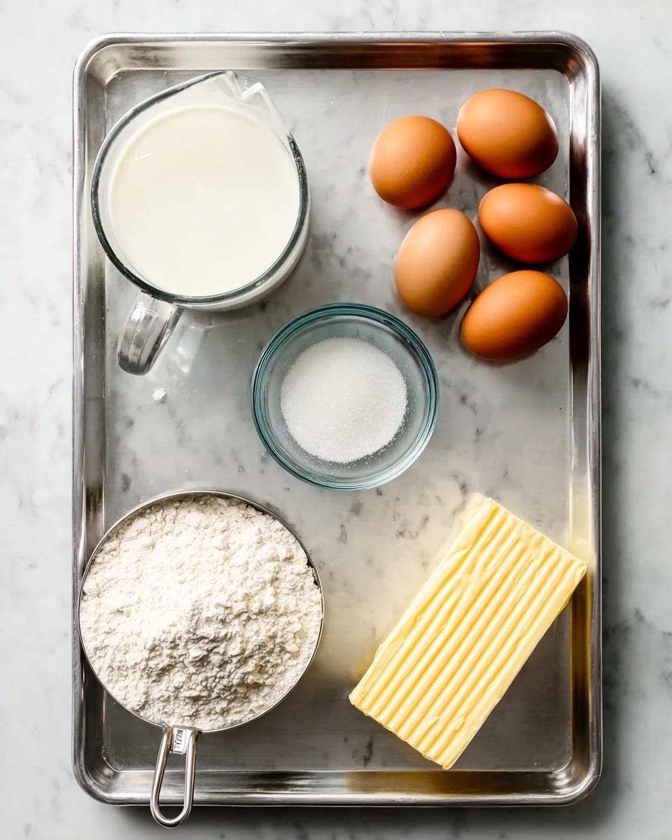 A metal baking tray sits on a white marbled surface with six cooking ingredients arranged neatly inside. At the top right, four brown eggs are grouped together, showing smooth textured shells. To the left, a clear glass measuring cup filled with white milk rests, showing a shiny surface and a handle. Below the eggs towards the center, a small clear glass bowl holds white granulated sugar, its fine texture visible. To the bottom left, a metal measuring cup is filled with white flour, looking powdery and slightly heaped. Finally, a rectangular slab of pale yellow butter with visible ridges lies at the bottom right, completing the arrangement. The whole setup is well-lit with natural light, highlighting each ingredient's distinct textures and colors photo taken with an iphone --ar 4:5 --v 7