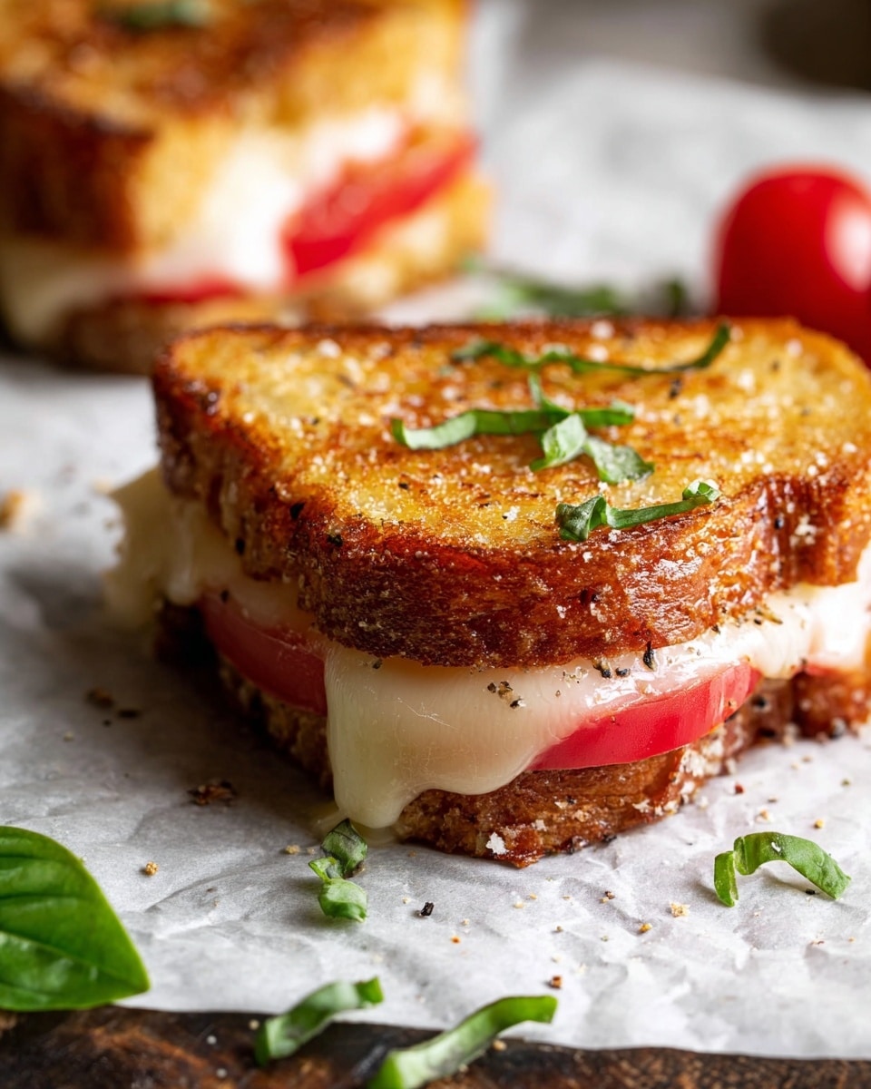 A close-up of a grilled sandwich piece showing three layers: golden brown toasted bread on top with a slightly crispy texture sprinkled with salt and black pepper, a middle layer of melted creamy white cheese that stretches softly, and a bottom layer with a slice of red tomato. Small fresh green basil leaves are placed on top and around the sandwich on white parchment paper, with a rough dark wood surface beneath. The background is blurred with another sandwich slice visible. photo taken with an iphone --ar 4:5 --v 7