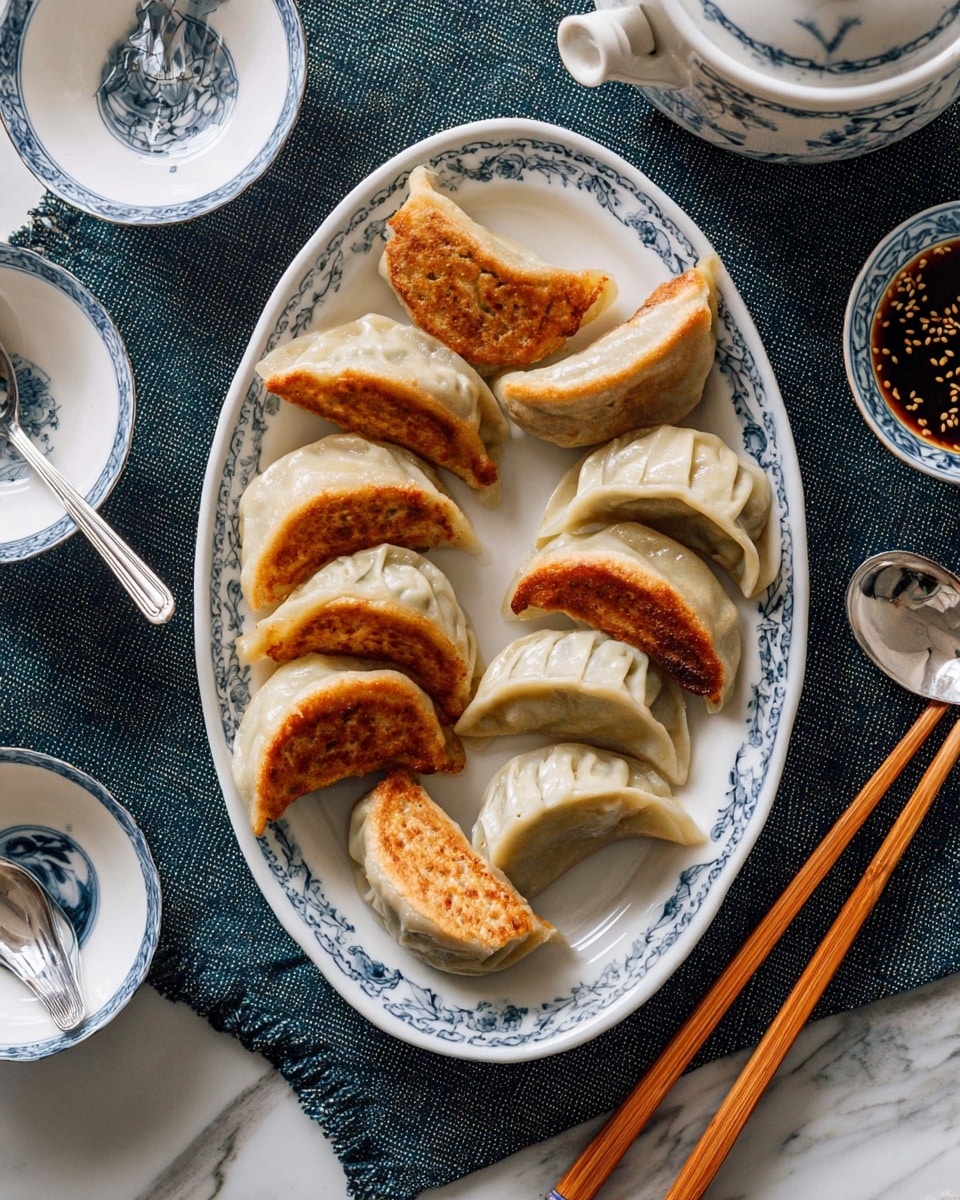 A white oval plate holds ten dumplings arranged neatly, with the outer ones showing a golden brown, crispy bottom layer and the center ones having a smooth, steamed, pale dough texture with delicate folds. The dumplings vary slightly in shape, some crescent-like and others with more pinched, pleated edges. The plate sits on a dark blue, textured cloth with a subtle pattern, on a white marbled surface. Around the plate are white dishes with blue patterns holding ceramic spoons and wooden chopsticks, while a small bowl filled with dark soy sauce topped with sesame seeds and a silver spoon rests nearby. photo taken with an iphone --ar 4:5 --v 7