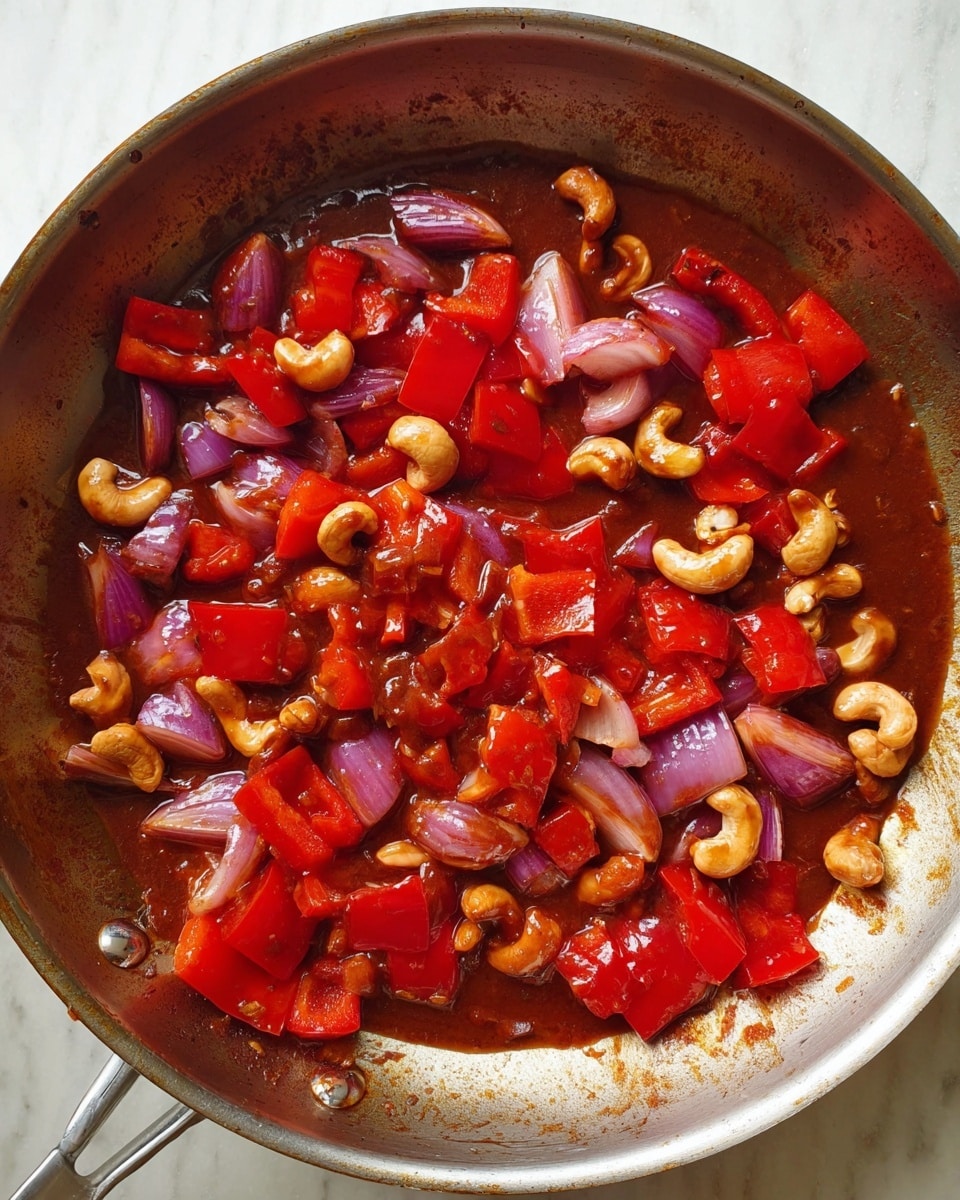 A shiny metal pan filled with a mix of chunky red bell pepper pieces, small light brown cashews, and medium-sized purple onion chunks, all coated in a thick dark reddish-brown sauce with a glossy texture, evenly spread around the pan. The pan is placed on a white marbled surface. photo taken with an iphone --ar 4:5 --v 7