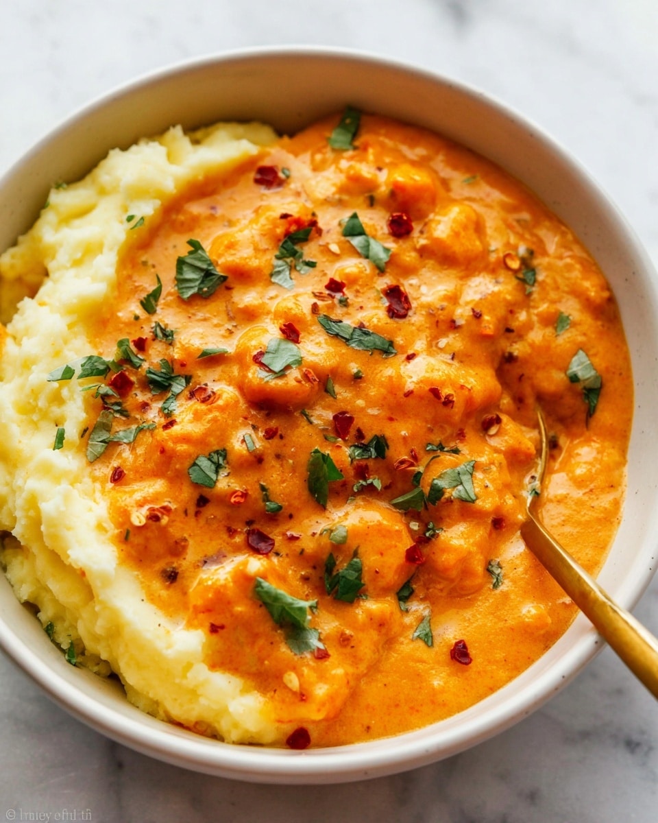 A white bowl with a thick, creamy orange sauce covering a layer of small pieces of food. The sauce has a smooth texture with some chunks visible and is sprinkled with green herb leaves and small red flakes on top. On one side of the bowl, there is a pale yellow mashed layer that looks soft and smooth. A gold spoon is partly visible in the bowl, resting in the sauce. The bowl sits on a white marbled surface. photo taken with an iphone --ar 4:5 --v 7