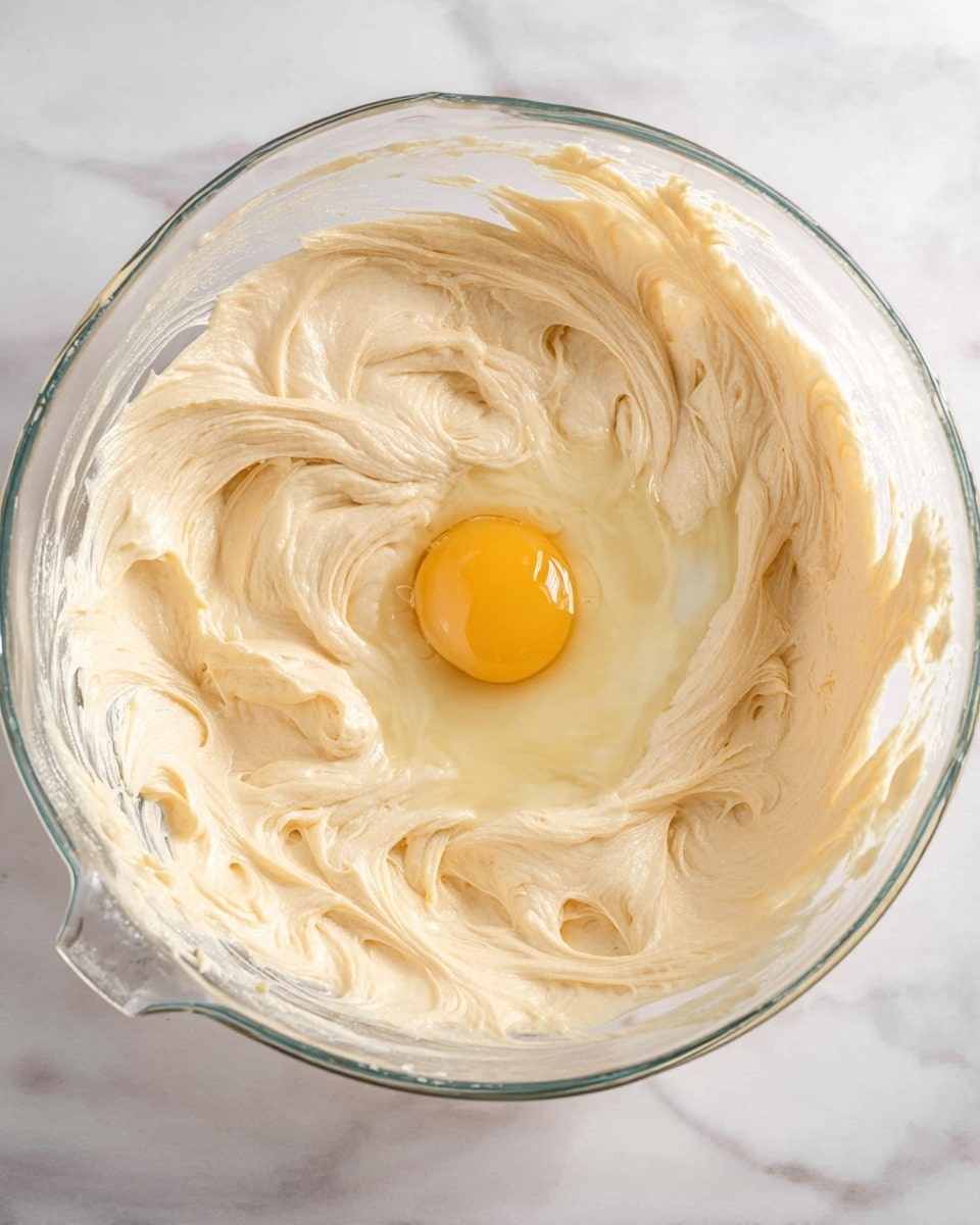 A clear glass bowl sits on a white marbled surface, filled with a smooth, creamy pale beige batter. The batter has soft swirling textures and a single bright yellow egg yolk with translucent egg white sitting on top near the center. The bowl's rim and handle are visible, with the batter evenly spread inside but with some peaks and dips from mixing. photo taken with an iphone --ar 4:5 --v 7