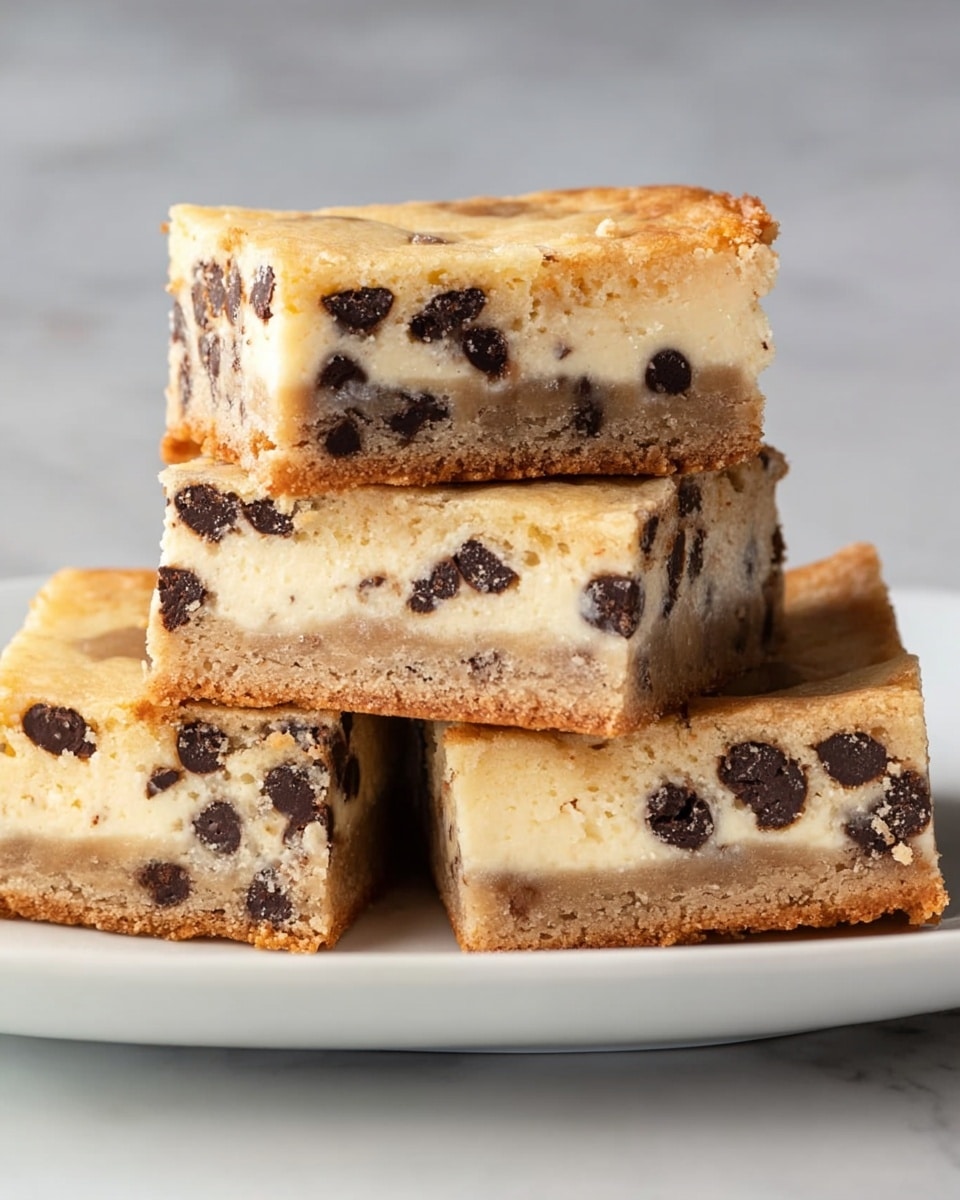 The image shows four thick square bars stacked leaning against each other on a white plate. Each bar has two layers: a golden-brown cookie-like bottom and a lighter creamy layer with small dark chocolate chips scattered throughout both layers. The bars have a slightly crumbly texture on the edges and a soft, dense inside. The background is a clean white marbled texture. photo taken with an iphone --ar 4:5 --v 7