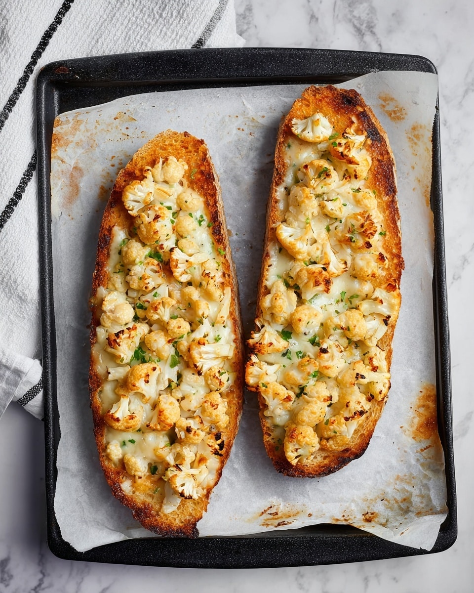 Two long slices of toasted bread lie on white baking paper on a black baking tray with some brown burnt spots. Each slice is topped with a creamy mixture of small pale cauliflower pieces and melted light golden cheese with some browned spots. The edges of the bread are dark brown and crispy, and the cauliflower-cheese topping looks soft and rich, covering the bread evenly. The background is a white marbled surface with a white towel with black stripes on the top left corner. Photo taken with an iphone --ar 4:5 --v 7