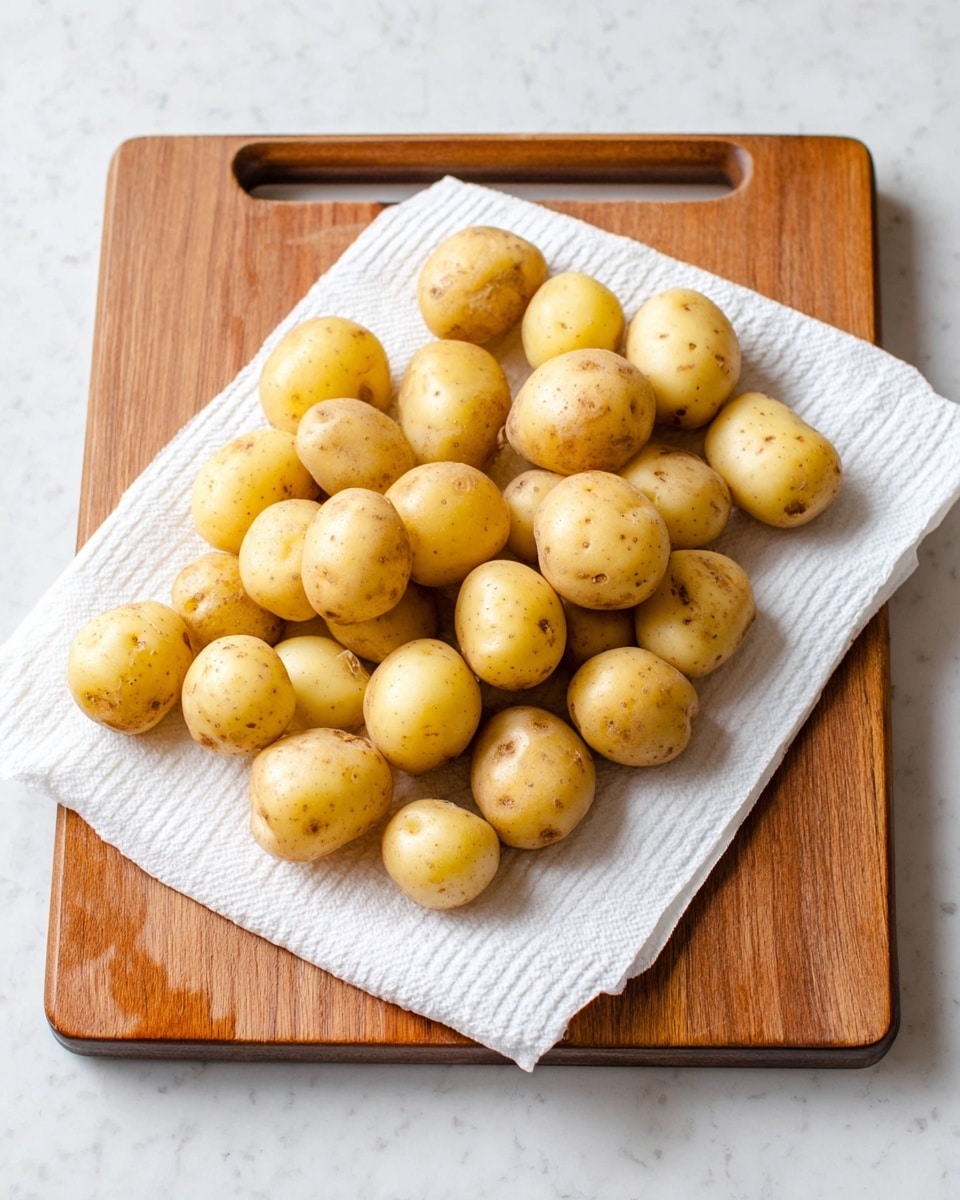 A wooden cutting board with a layer of white paper towel on top, holding about thirty small light yellow potatoes with some brown spots, arranged loosely covering the surface of the paper towel, all placed on a white marbled background photo taken with an iphone --ar 4:5 --v 7