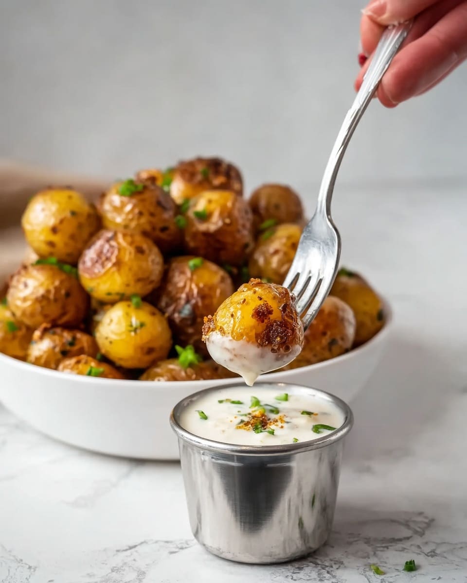 The image shows a small white bowl filled with many golden-brown roasted baby potatoes garnished with green herbs in the background. In the foreground, a silver metal cup is filled with white creamy sauce, and a woman's hand holds a silver fork dipping one potato topped with bits of seasoning into the sauce. The bowl and cup are placed on a white marbled surface with a soft focus on the potatoes behind the cup, creating a warm and inviting scene. Photo taken with an iphone --ar 4:5 --v 7