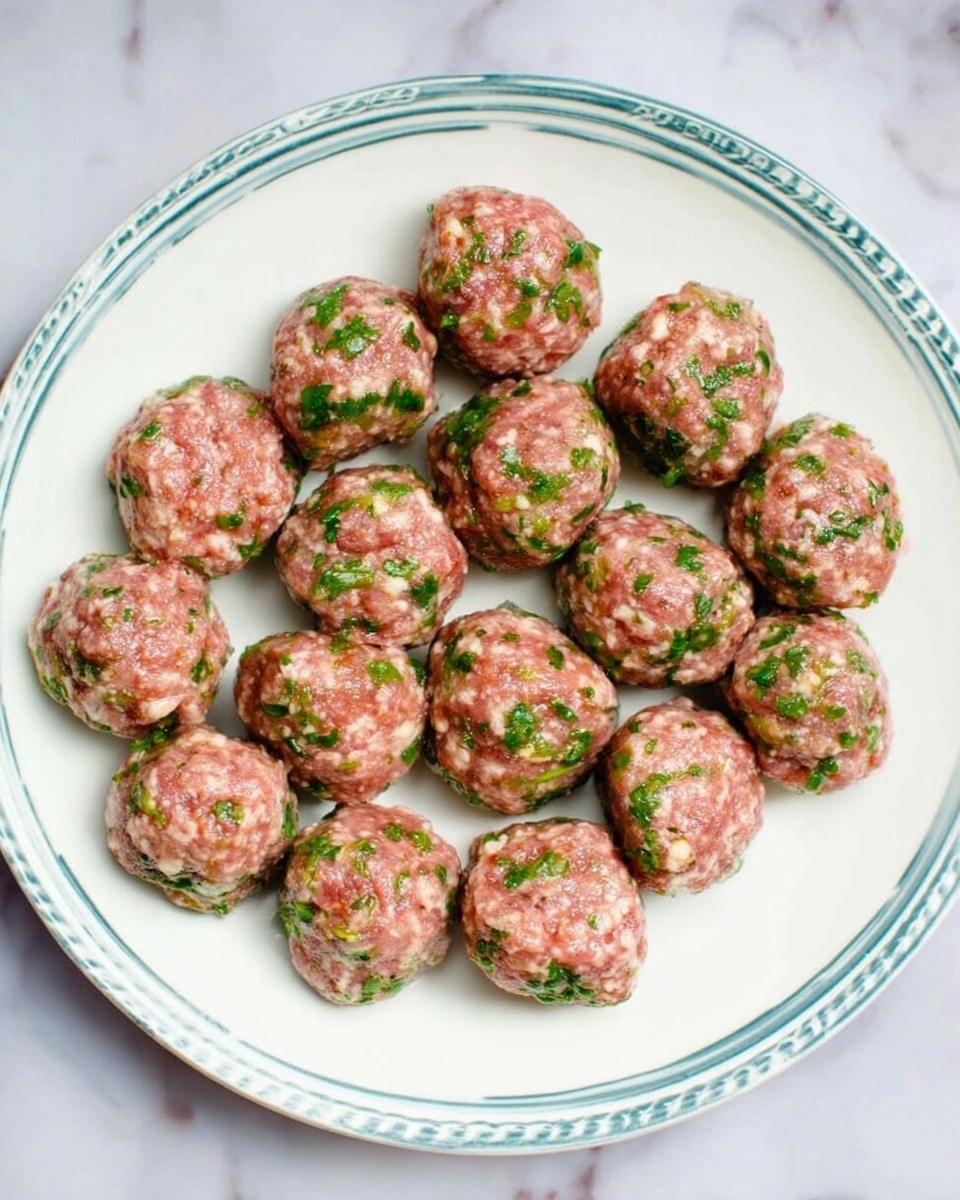 The image shows a white plate with a slightly raised edge and simple patterns along the rim, filled with 16 raw meatballs. The meatballs are round and arranged in a loose circle with some in the middle, each with a mix of pinkish meat and visible green herb pieces embedded throughout, giving a textured, fresh look. The plate sits on a white marbled surface that adds a clean and bright background to the image. The overall feel is fresh and ready for cooking photo taken with an iphone --ar 4:5 --v 7