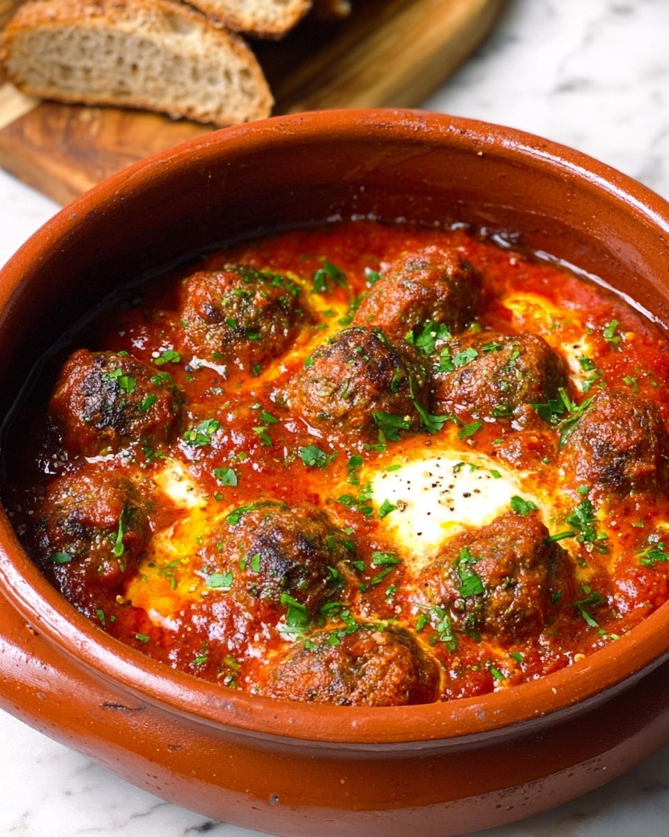 The image shows a terracotta pot filled with a rich red tomato sauce, thick and chunky in texture, with around ten round meatballs evenly placed inside. There are three spots of soft white cheese melting into the sauce, sprinkled lightly with black pepper and chopped green herbs. The sauce glistens with a little oil on the surface, adding a shiny effect. In the background, a few pieces of brown crusty bread rest on a wooden board. The whole scene is set on a white marbled surface. photo taken with an iphone --ar 4:5 --v 7