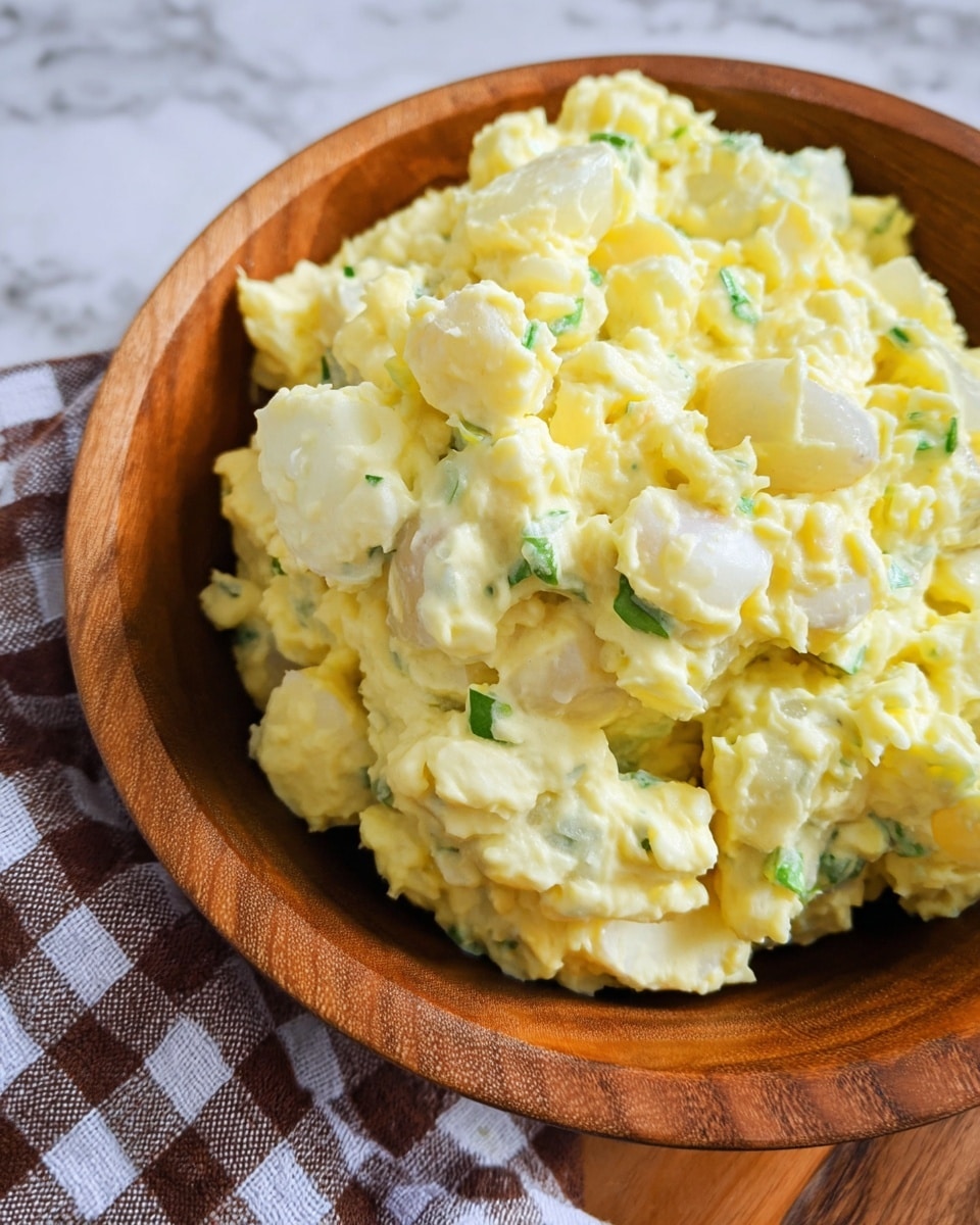 A close-up view of a bowl filled with creamy yellow potato salad that has visible small chunks of cooked potatoes and bits of green herbs mixed in. The bowl is wooden and round, with the potato salad heaped inside, showing a soft and slightly lumpy texture. The background is a white marbled surface with a checkered cloth nearby. photo taken with an iphone --ar 4:5 --v 7