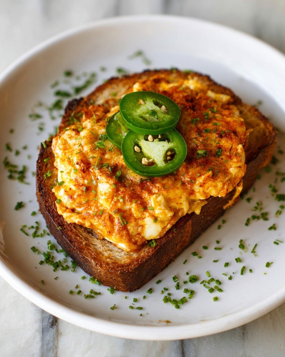 A single piece of light brown toasted bread rests at the bottom as the base layer, topped with a thick layer of golden-brown cooked egg mixture that has crispy edges and a soft, slightly chunky texture inside. On top of the egg layer, there are three fresh, bright green slices of jalapeño arranged in a small cluster. The toast is served on a white plate with small green herb flakes scattered around for decoration, all placed on a white marbled surface. photo taken with an iphone --ar 4:5 --v 7