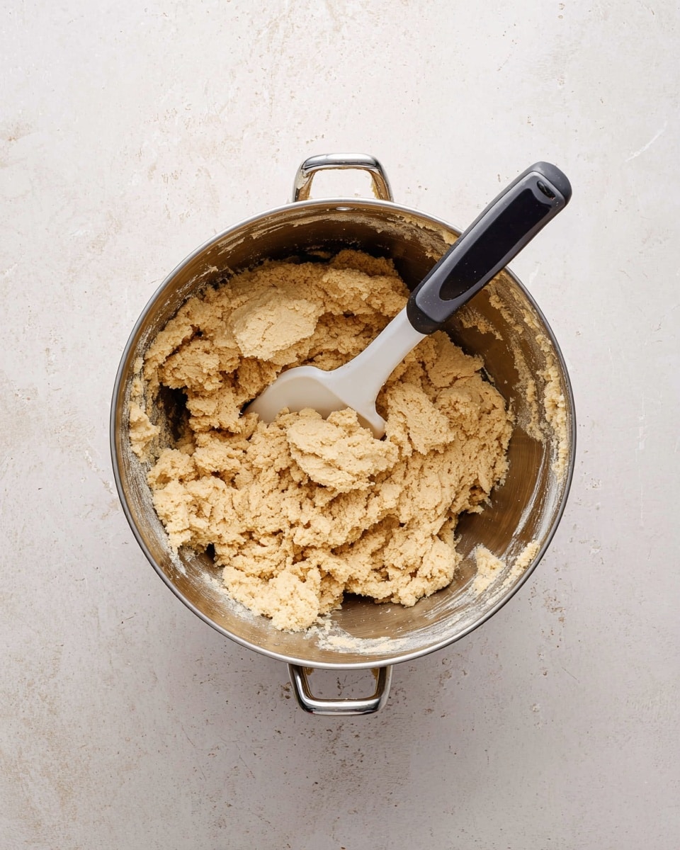 A metal mixing bowl sits on a white marbled surface, filled with a thick, beige dough mixture that has a slightly crumbly texture. Inside the bowl, a white spatula with a black handle is partially buried in the dough, resting towards the front edge of the bowl. The bowl has two small loop handles on opposite sides, and the dough clings to the sides of the bowl in irregular patches. The overall look is of dough being prepared for baking. photo taken with an iphone --ar 4:5 --v 7