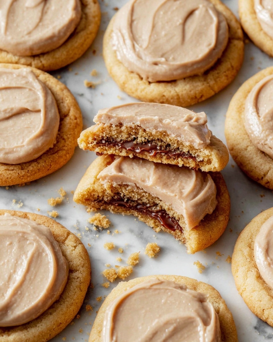 The image shows a group of round cookies, each with two main layers. The bottom layer is a soft golden brown cookie base with a crumbly texture. On top, there is a smooth light tan frosting layer, covering each cookie evenly. One cookie near the center is broken in half, revealing a rich dark brown filling inside that looks soft and thick. The cookies are placed on a white marbled surface scattered with small crumbs, adding to the fresh-baked feel. The overall look is warm and inviting, with the cookies arranged closely together in a casual way. Photo taken with an iphone --ar 4:5 --v 7