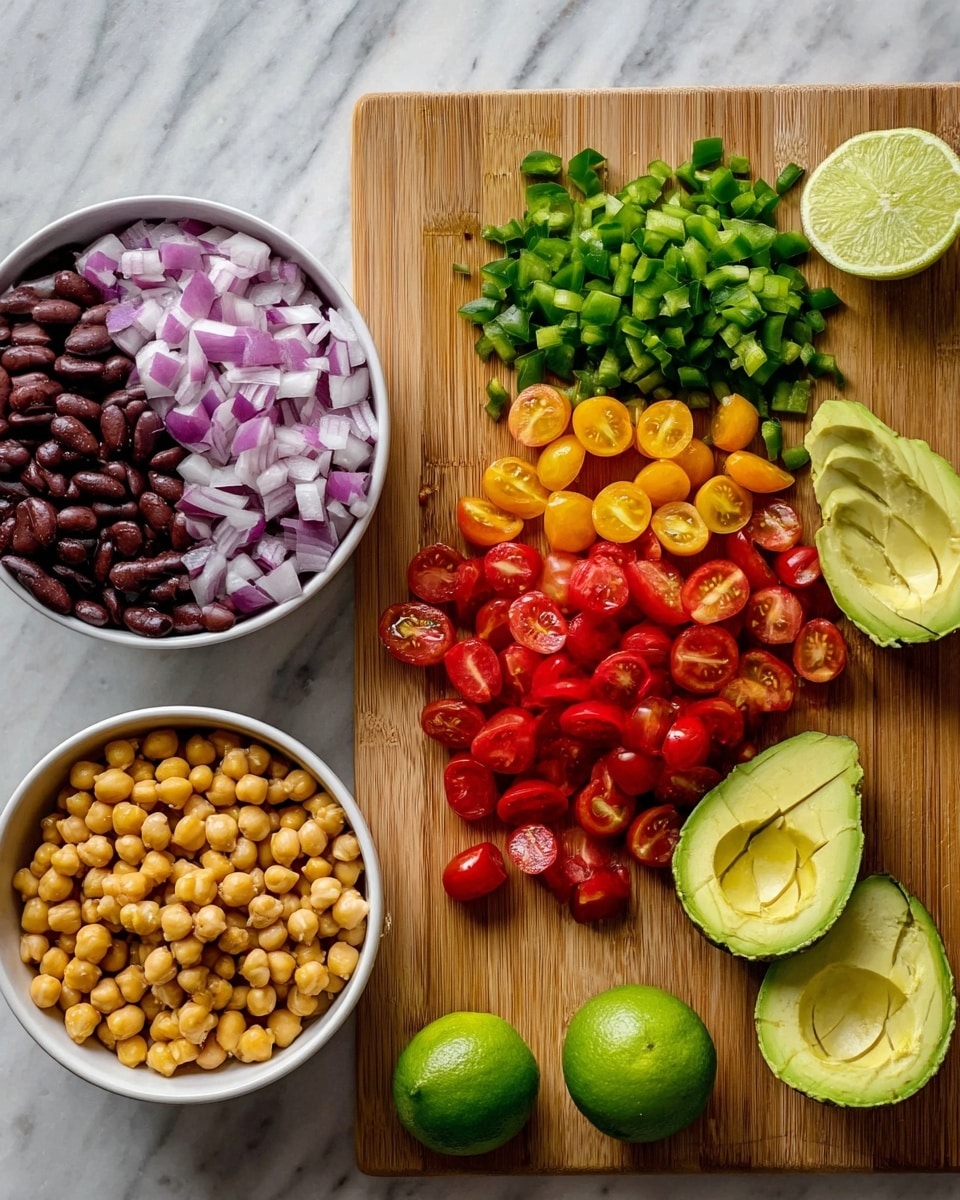 The image shows a wooden cutting board on a white marbled surface with fresh chopped vegetables arranged in neat piles. From left to right, there are diced purple onions with visible white parts, chopped green jalapeno peppers with seeds, and halved red cherry tomatoes with shiny skin. Next to the board, there are two halved avocados with green flesh scored in a grid pattern. On the left, two white bowls sit on the white marbled surface; one bowl is filled with dark red kidney beans, and the other is filled with round yellow chickpeas. Two whole green limes with smooth skin are placed near the bowls. photo taken with an iphone --ar 4:5 --v 7