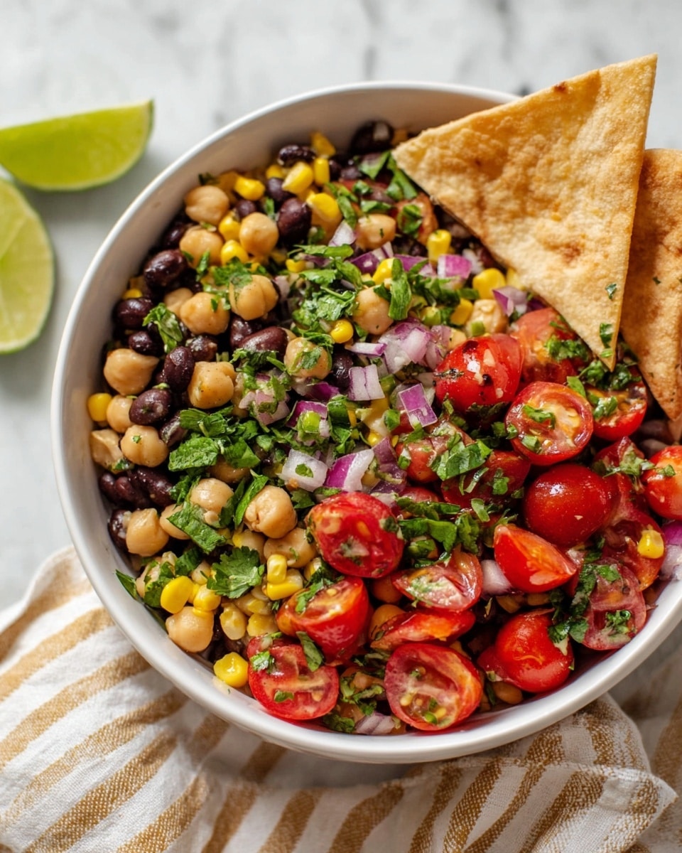 A white bowl filled with a colorful salad showing several layers: the bottom layer is black beans and chickpeas, mixed with yellow corn kernels, all with a smooth texture; above that are halved bright red cherry tomatoes and small pieces of chopped red onion, adding pops of color; sprinkled fresh green herbs cover the whole salad, giving a fresh look; three triangular toasted pita chips lean inside the bowl on one side, and a small wedge of green lime is visible in the back. The bowl sits on a white marbled surface with a beige and white striped cloth nearby. Photo taken with an iphone --ar 4:5 --v 7