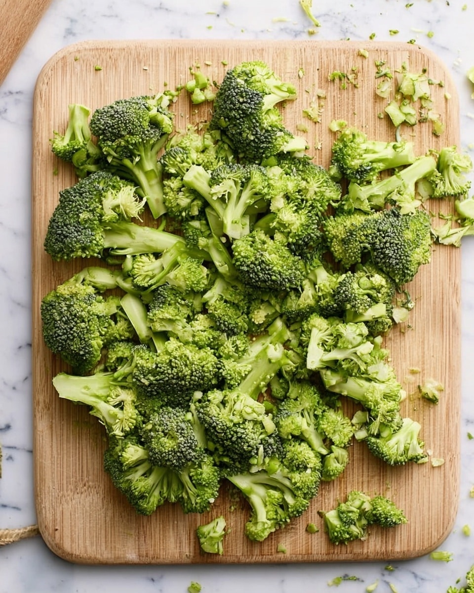 The image shows a wooden cutting board on a white marbled surface, filled with many small pieces of bright green broccoli florets spread out evenly across the board. The broccoli bunches vary in size, displaying a fresh, firm texture with tiny buds on top and lighter green stems below. Some broccoli crumbs are scattered around the edges, adding a natural, fresh look to the scene. Photo taken with an iphone --ar 4:5 --v 7