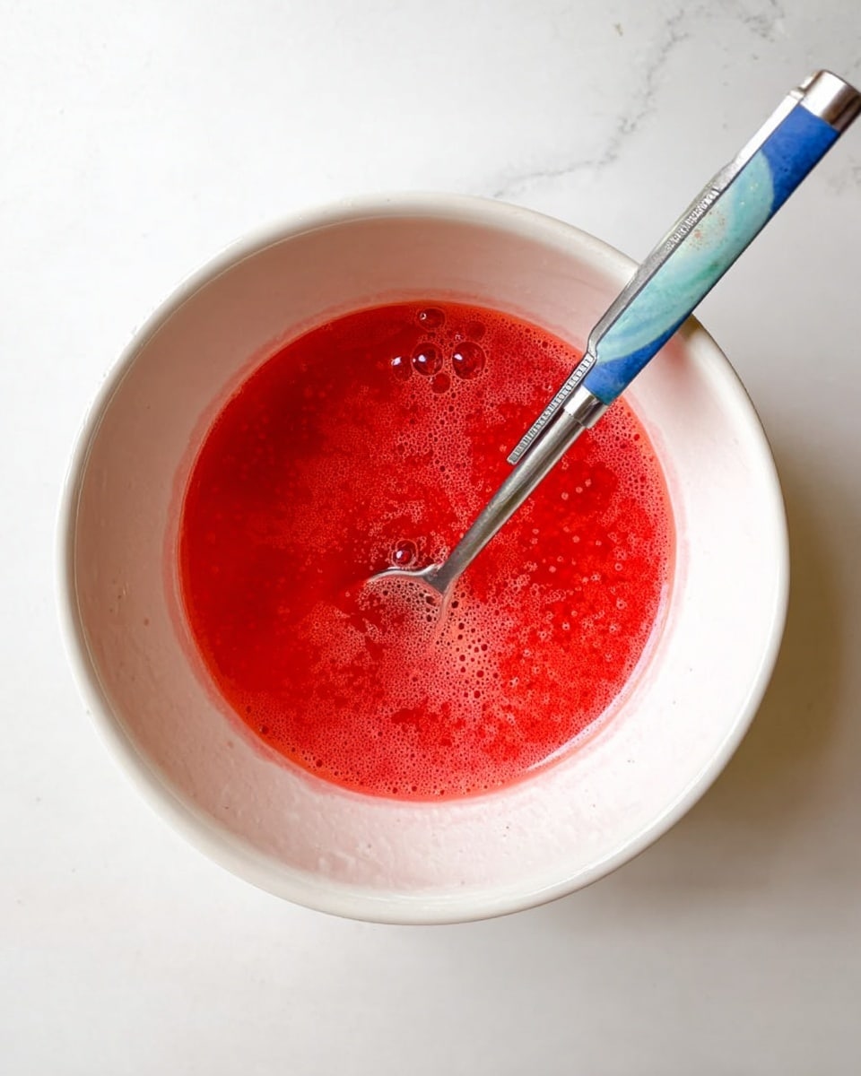 A white bowl filled with a bright red liquid that has a smooth and slightly foamy texture on the top, with small bubbles dispersed throughout. A spoon with a blue handle and gray metal part sits inside the bowl, partially submerged in the red liquid. The bowl is set against a white marbled surface. photo taken with an iphone --ar 4:5 --v 7