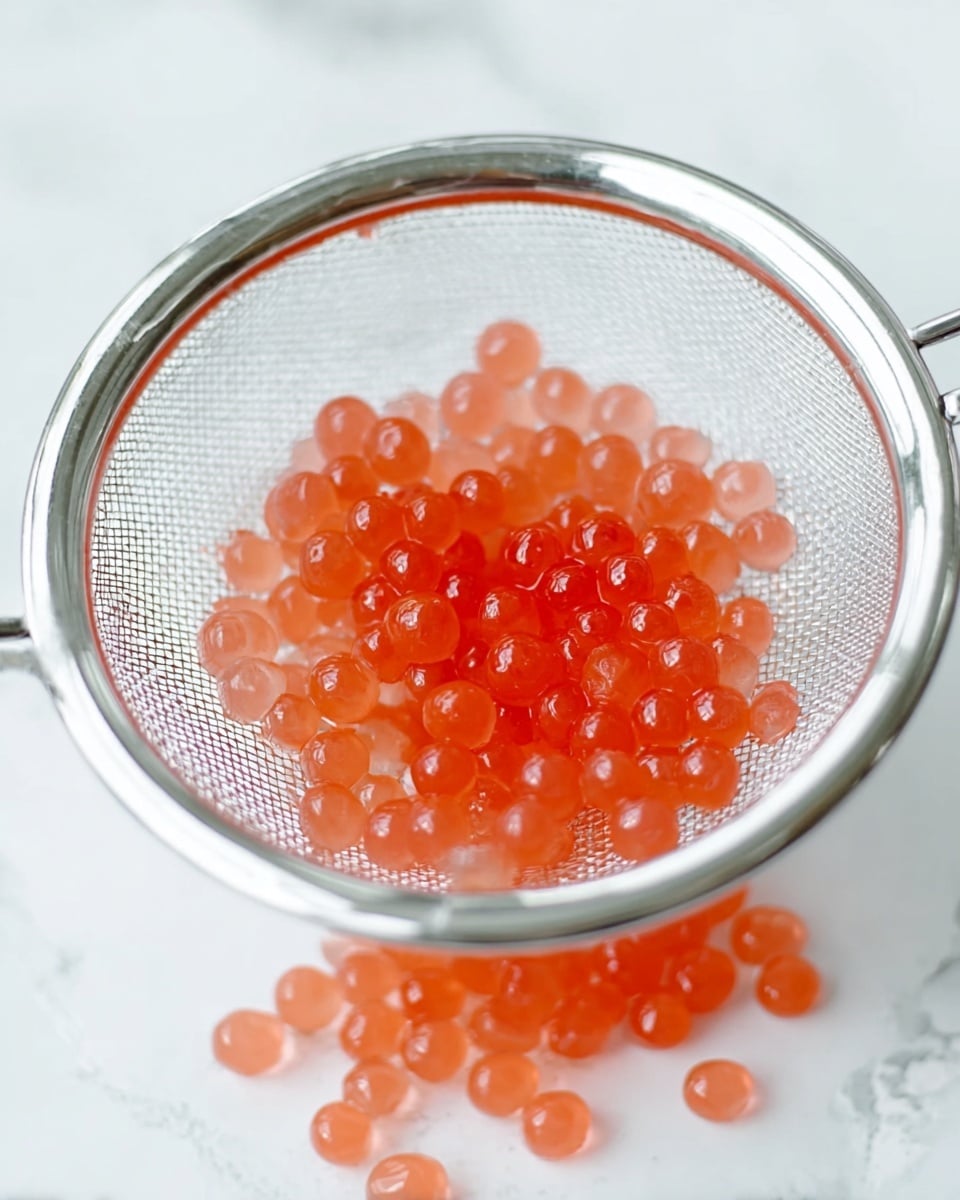 A close-up view of small, round, translucent red-orange pearls sitting inside a silver fine mesh strainer. The pearls are smooth, shiny, and packed closely together in one layer within the strainer, with a few pearls falling through to the bottom layer where they scatter loosely. The background and surface below have a white marbled texture, creating a clean and bright setting for the strainer holding the pearls. Photo taken with an iphone --ar 4:5 --v 7