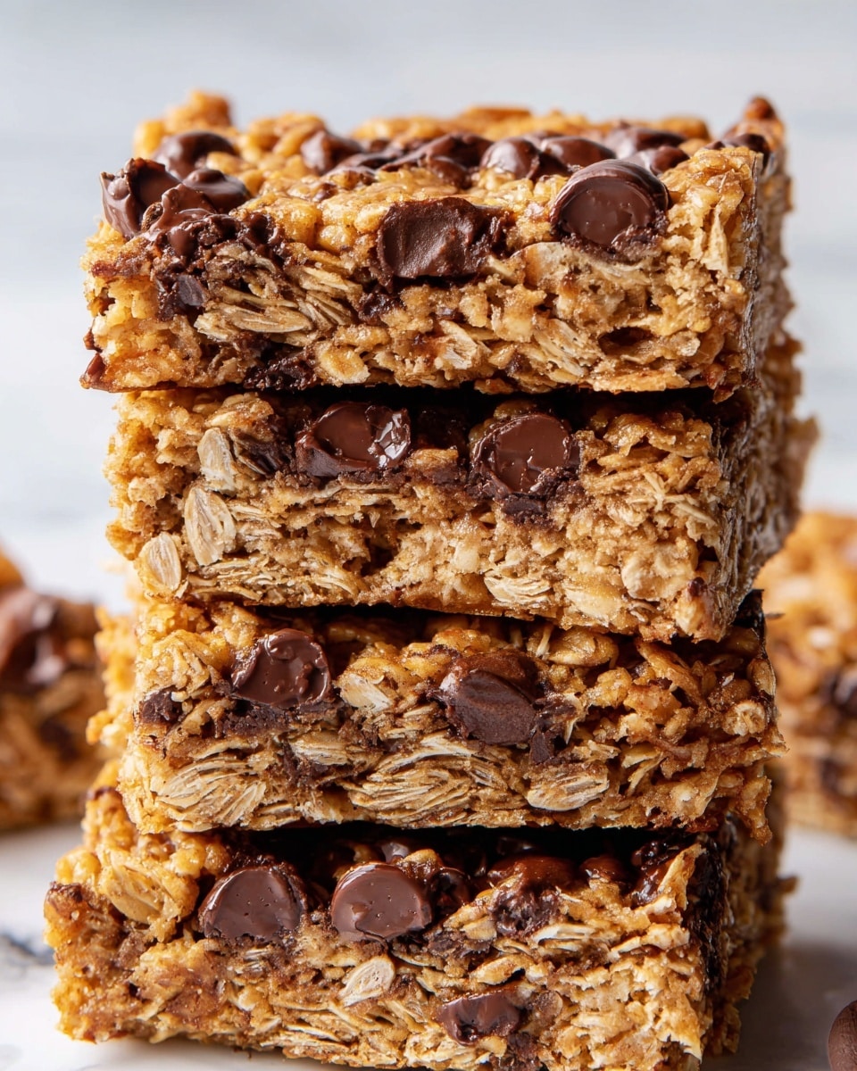 A stack of four square oat bars filled with large, melted chocolate chips. Each bar shows a rough texture with visible shredded oats and crunchy bits. The bars are golden brown with dark brown glossy chocolate spots throughout. The stack is placed on a white marbled surface, with one bar leaning slightly, showing the thick layers of oats and chocolate in detail. photo taken with an iphone --ar 4:5 --v 7