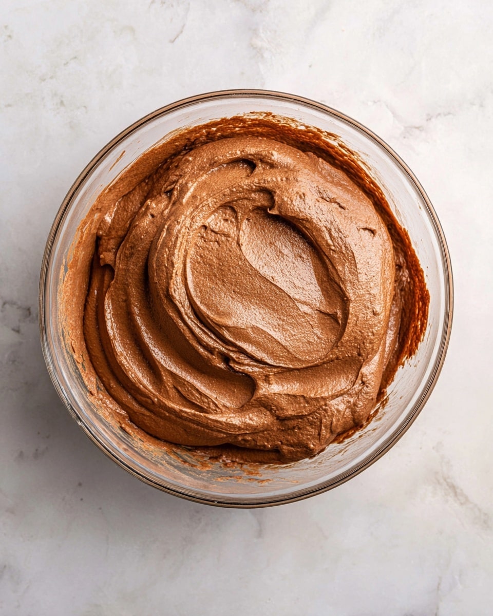 A clear glass bowl sits on a white marbled surface, filled with a smooth, thick layer of chocolate brown mousse. The mousse has a creamy texture with soft swirls and gentle folds on the surface, showing light reflections and slight air pockets. Some mousse smears cling to the inner sides of the bowl, adding to the rich, fresh look. The photo taken with an iphone --ar 4:5 --v 7