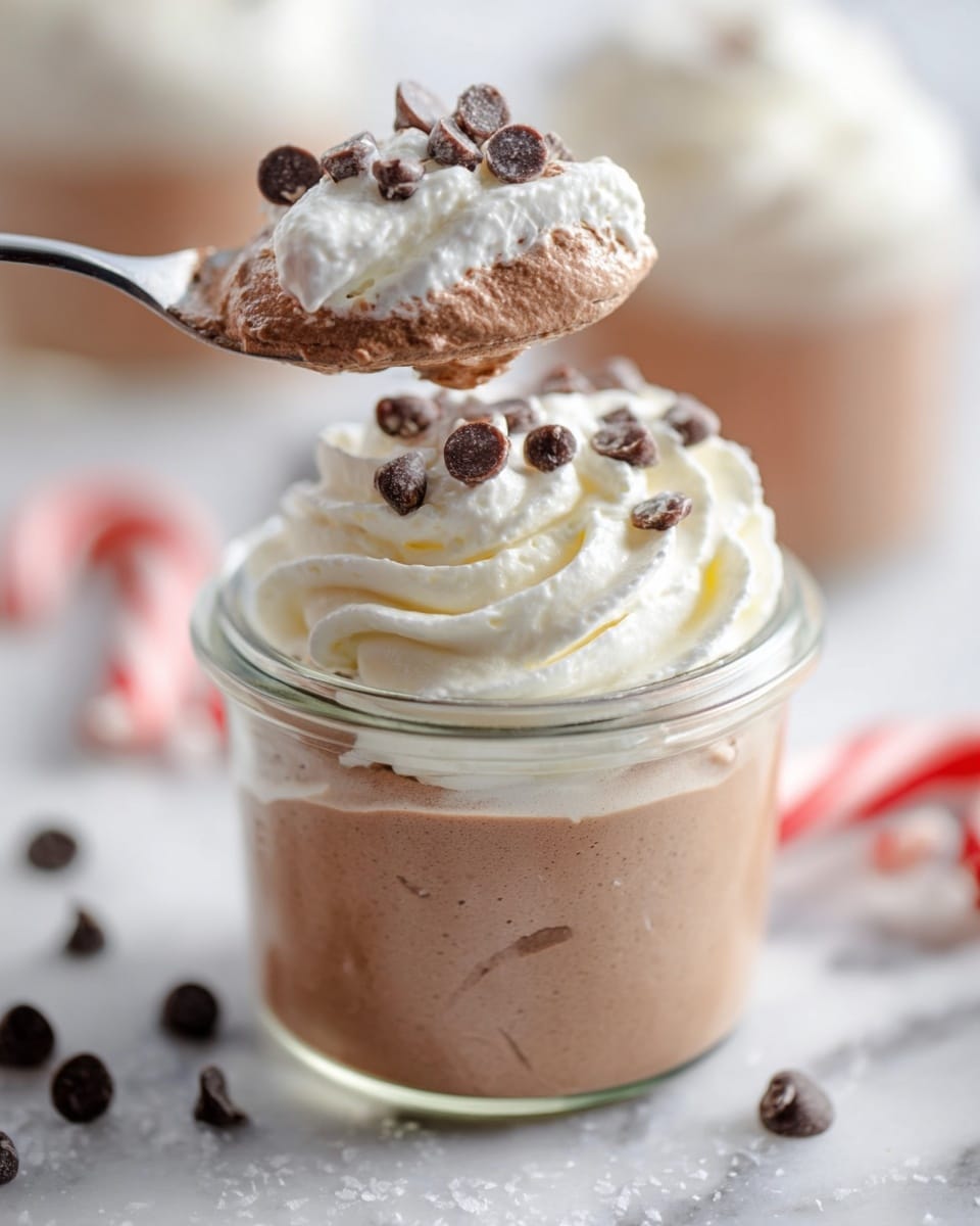 A small clear glass jar filled with three visible layers: the bottom two-thirds is smooth, light brown chocolate mousse with a soft, creamy texture; the top layer is a thick, fluffy swirl of white whipped cream, decorated with small chocolate chips. A spoon holds a scoop showing both the light brown mousse and white whipped cream, hovering just above the jar. The background is a white marbled surface scattered with small chocolate chips and a piece of red and white candy cane. Photo taken with an iphone --ar 4:5 --v 7
