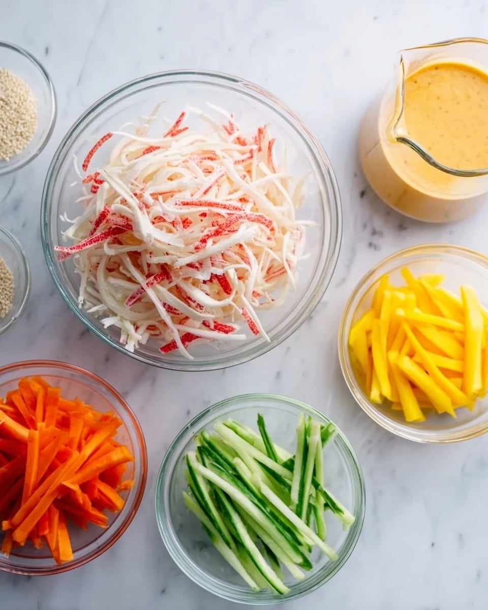 The image shows a clear glass bowl in the center filled with thin white and red strips of crab sticks. Around it are four smaller clear glass bowls arranged in a semicircle on a white marbled surface. The bowls contain thin green cucumber sticks, orange carrot sticks, yellow mango sticks, and white sesame seeds. To the right, there is a clear glass pitcher with a yellow-orange creamy sauce. No hand is present in the image. Photo taken with an iphone --ar 4:5 --v 7